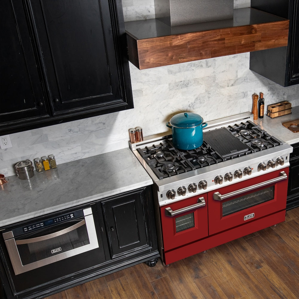 ZLINE 48-inch 6.0 cu. ft. Dual Fuel Range - 7 Burner Gas Cooktop & 2 Electric Ovens - Stainless Steel with Red Matte Doors (RA RM 48) - Perfect for Professional Home Kitchens & Modern Cooking Enthusiasts