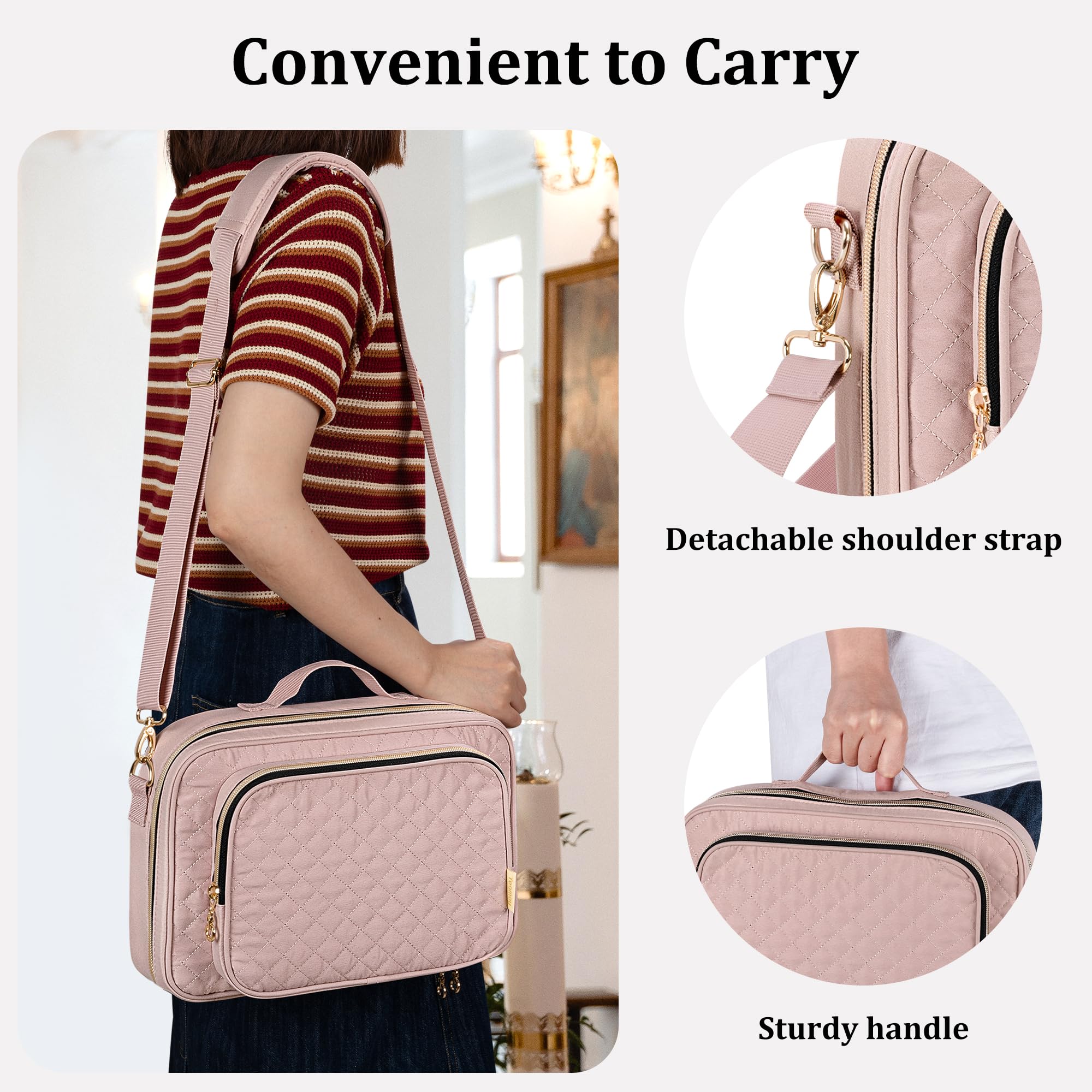 Teamoy Large Bible Cover for Men & Women - Quilted Church Book Bag with Shoulder Strap & Detachable Pen Slots (Pink) - Perfect for Sunday Service, Bible Study & Travel