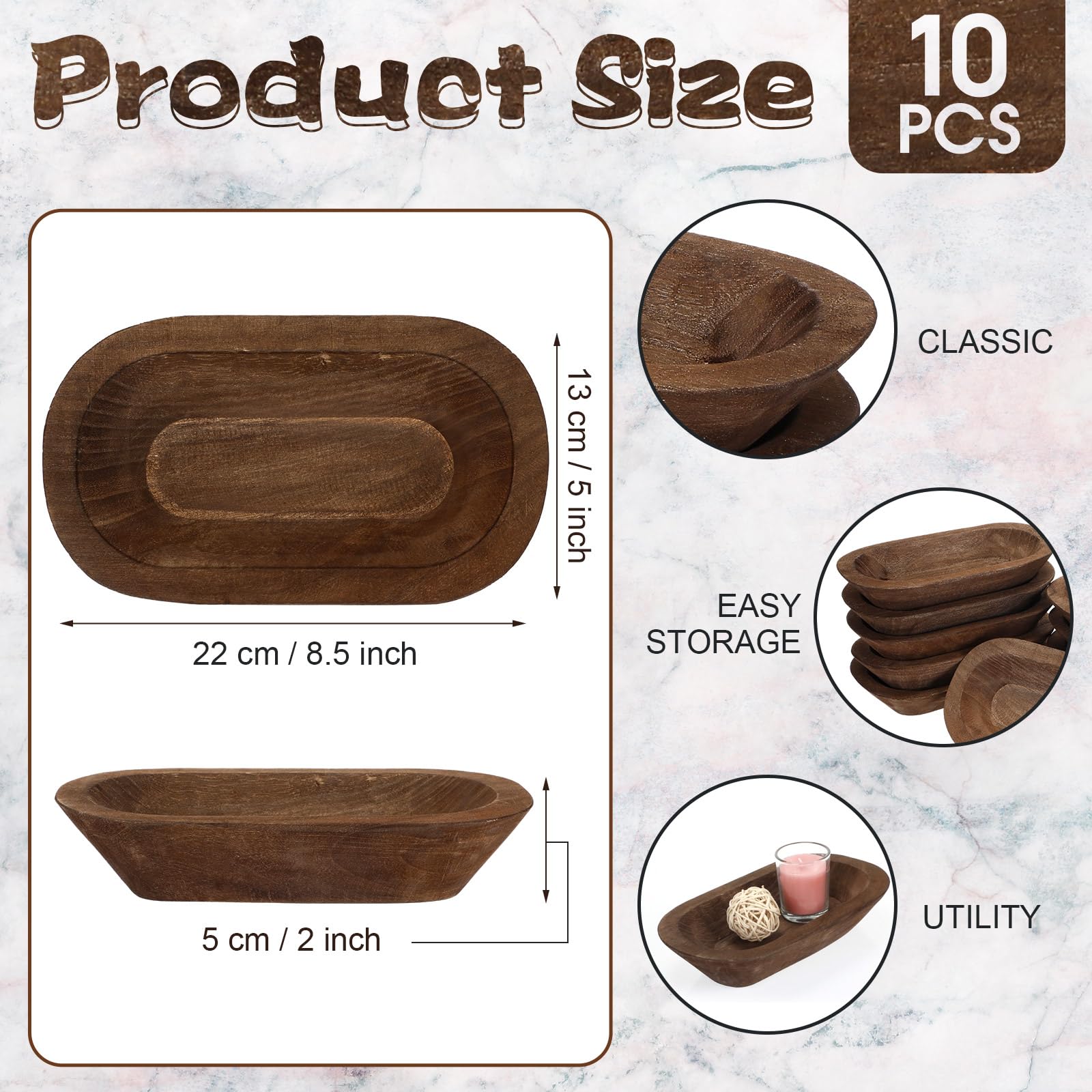 10 Pack Rustic Wooden Dough Bowls - 8.5 Inch Brown Farmhouse Style Serving Bowls for Wedding Decor, DIY Candle Making, Fruit Display & Home Crafts - Perfect for Rustic Weddings, Farmhouse Kitchen Decor and Holiday Tablescapes