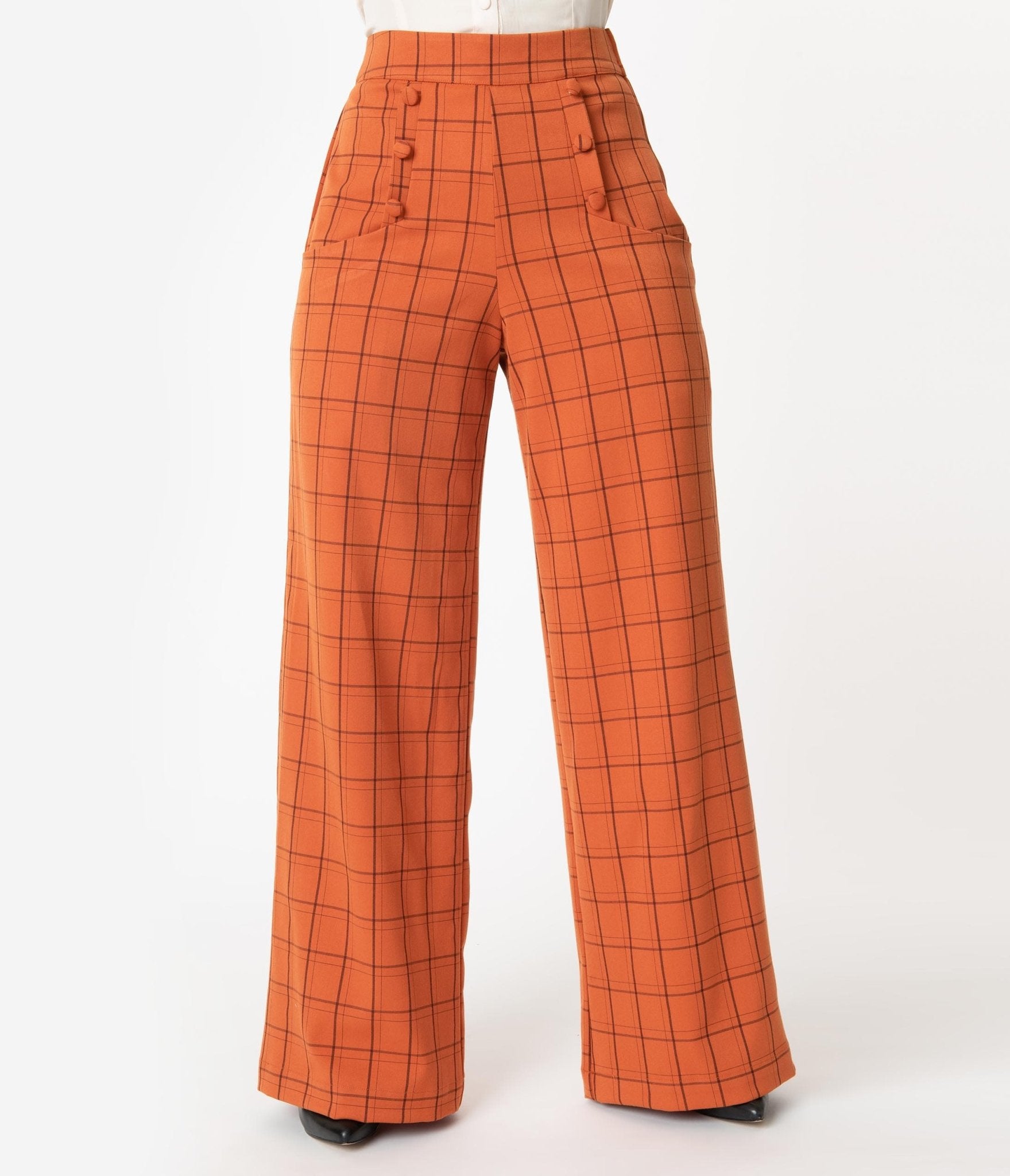Vintage 1940s Orange Windowpane High Waist Ginger Pants - Retro Women's Trousers for Casual Wear & Costume Parties