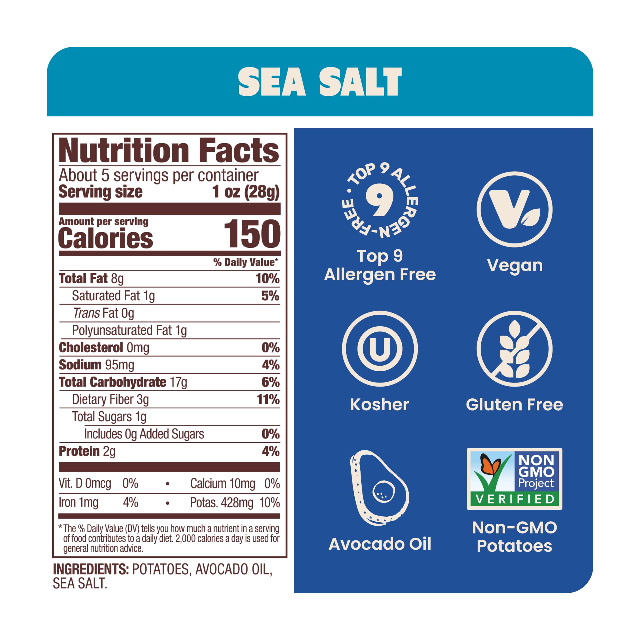 Jackson’s Classic Sea Salt Kettle Chips (5oz, Pack of 7) - Premium Avocado Oil, Gluten Free, Vegan, Kosher Snacks - Shark Tank Featured Product - Perfect for Parties, Picnics & Healthy Snacking