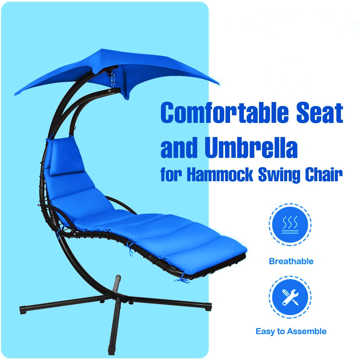 Weatherproof Replacement Cushion Pad & Umbrella Set for Outdoor Hanging Lounge Chair - Fade-Resistant, Quick-Dry, Durable Hammock Chair Accessories - Perfect for Patio, Poolside, Garden Relaxation - Blue