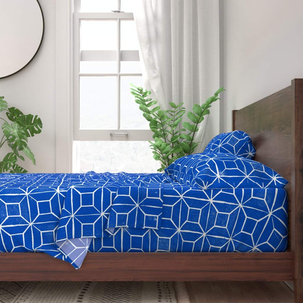 Spoonflower 100% Cotton Twin Sheet Set - 3 Piece Geometric Blue Square Tile Print Bedding with Faux Texture | Soft & Breathable for Comfortable Sleep | Perfect for Guest Rooms, Dorms & Cozy Bedrooms