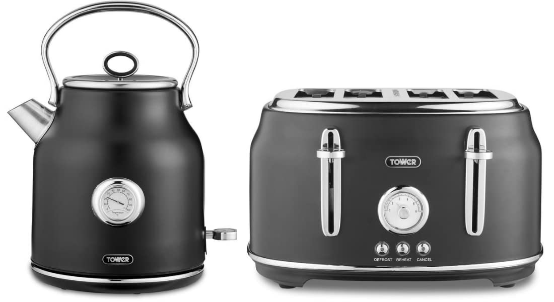 RKW Tower Renaissance Black 3KW 1.7L Electric Kettle & 4 Slice 1630W Toaster Set - Modern Kitchen Appliance Combo for Breakfast, Tea, and Coffee Making - Perfect for Home, Office, and Dorm Use