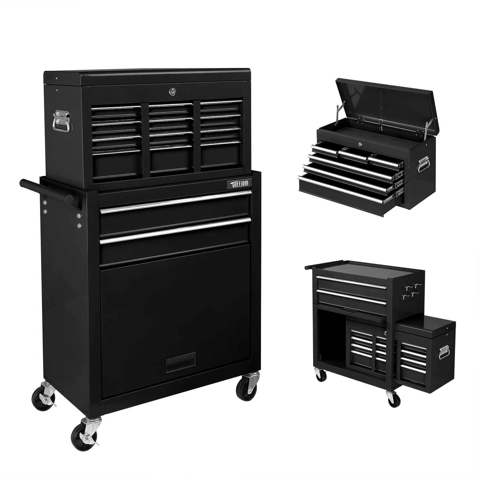 TUFFIOM 8-Drawer Rolling Tool Chest with Lock & Key - Heavy Duty Tool Storage Cabinet with Wheels, Detachable Top & Drawer Liners - Garage Tool Organizer for Mechanics, Warehouse & Workshop Use - Black Tool Box for Professional & Home Repair