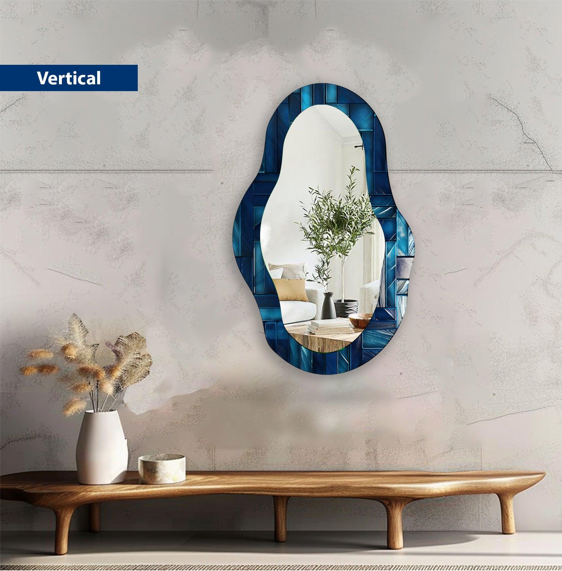 Blue Stained Abstract Asymmetric Wall Mirror - Modern Decorative Mirror for Living Room, Bedroom & Entryway - Unique Handcrafted Home Decor