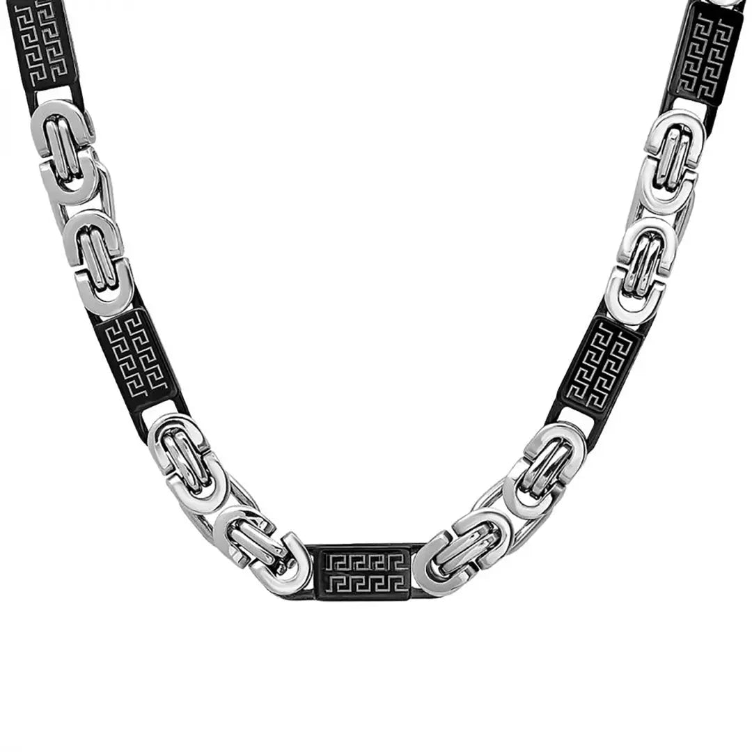 SteelTime Men's Two-Tone Stainless Steel & Black IP Byzantine Necklace with Greek Key Design - Perfect for Casual Wear, Gifts & Special Occasions