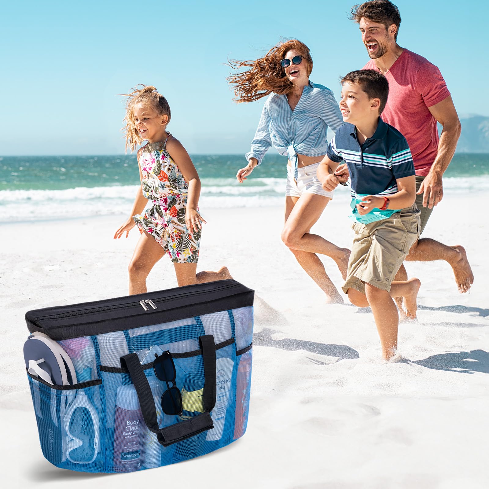 Lifewit Large Mesh Beach Tote Bag for Women with Zipper & Pockets - Lightweight Waterproof Shower Caddy, Perfect for Pool, Vacation & Travel Essentials - Family Beach Basket Organizer in Swimmers Blue