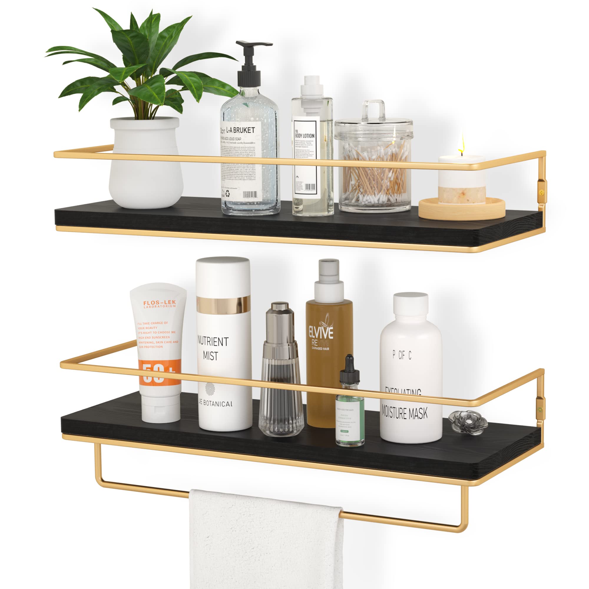 Black Floating Shelves with Gold Towel Rack - Wall Mounted Storage Shelves Set of 2 for Bathroom, Kitchen & Bedroom - Space Saving Home Organization for Towels, Decor & Essentials
