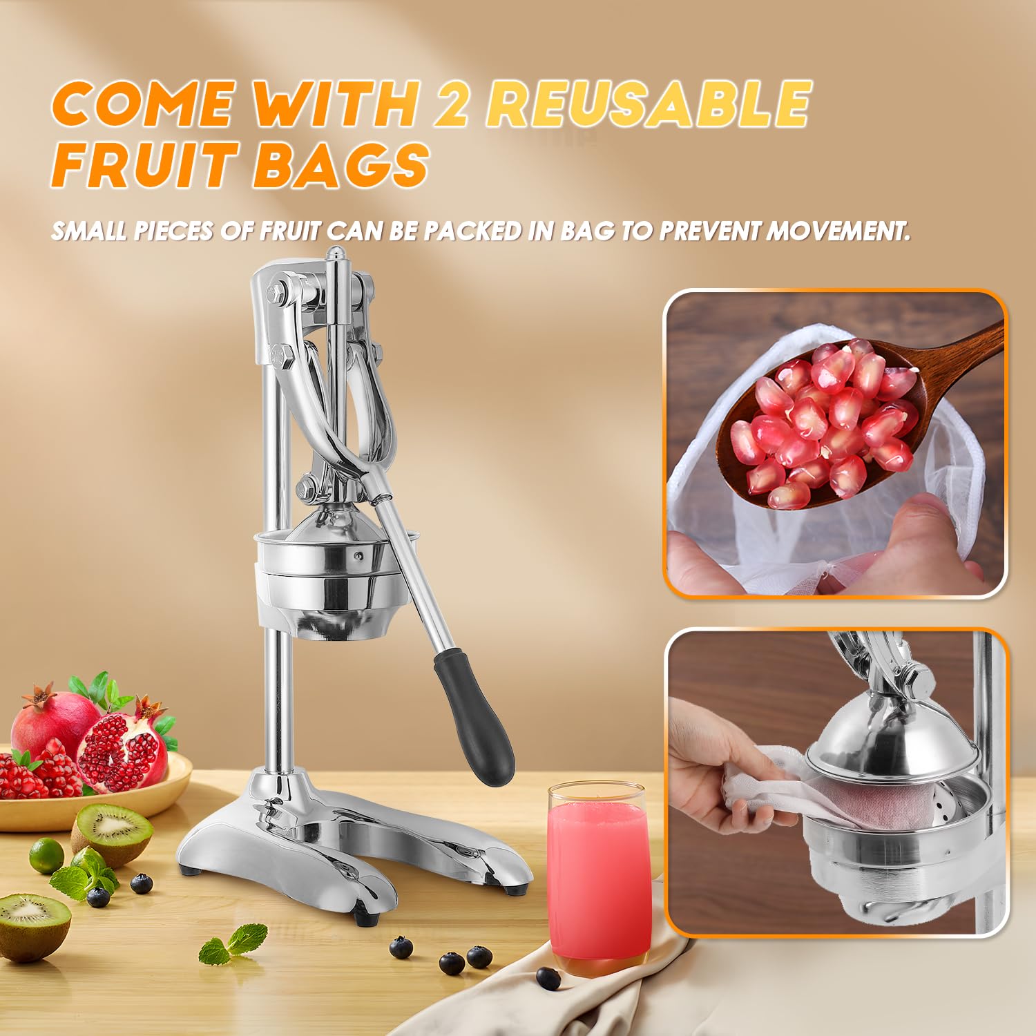 Moongiantgo Commercial Manual Juicer - Heavy Duty Hand Press Citrus Juicer Extractor with 2 Reusable Fruit Bags for Orange, Lemon, Lime, Pomegranate | Easy to Clean Stainless Steel Fruit Squeezer | Perfect for Juice Bars, Restaurants & Home Kitchen Use