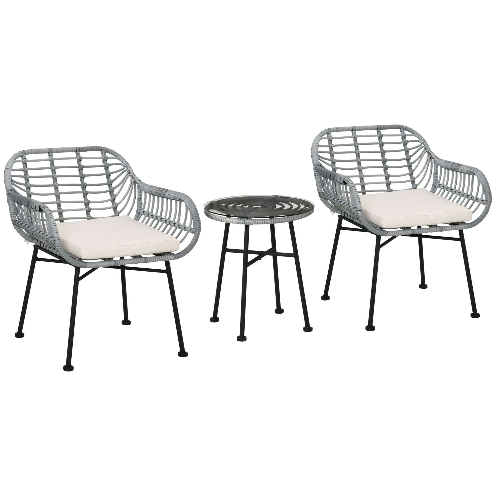 Outsunny 3-Piece Patio Set - PE Rattan Wicker Bistro Table & Chairs with Cushions & Tempered Glass Top | Modern Hand-Woven Outdoor Furniture for Garden, Porch, Poolside & Backyard | Cream White Patio Dining Set for Relaxing & Entertaining