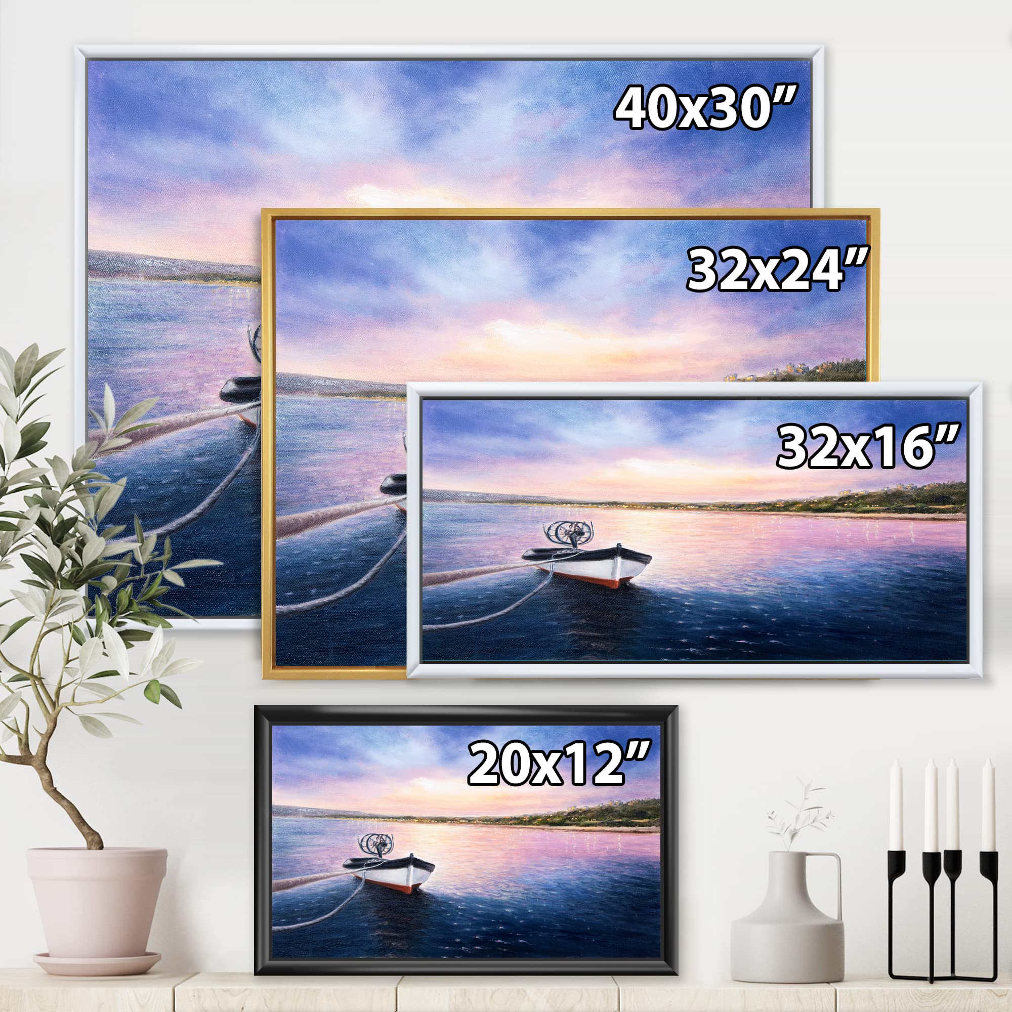 DesignQ Framed Canvas Wall Art Print - Fishing Boat by the Shore at Vibrant Sunset, Perfect for Lake House Decor & Coastal Living Room