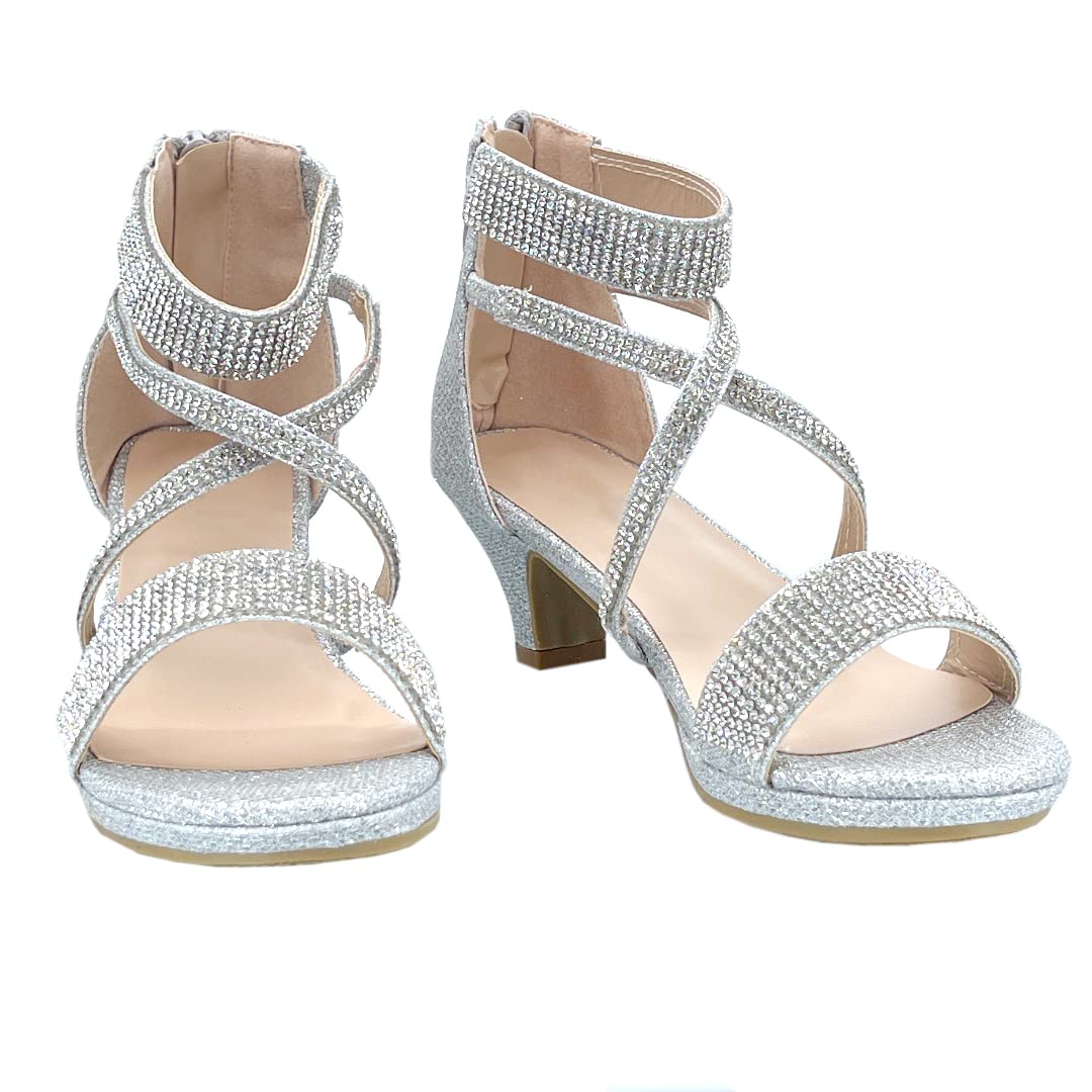ABSOLEX Girls' Dressy Rhinestone Cross-Strap Open-Toe Low Heel Sandals - Toddler/Little Kid/Big Kid Sizes - Perfect for Weddings, Parties & Special Occasions