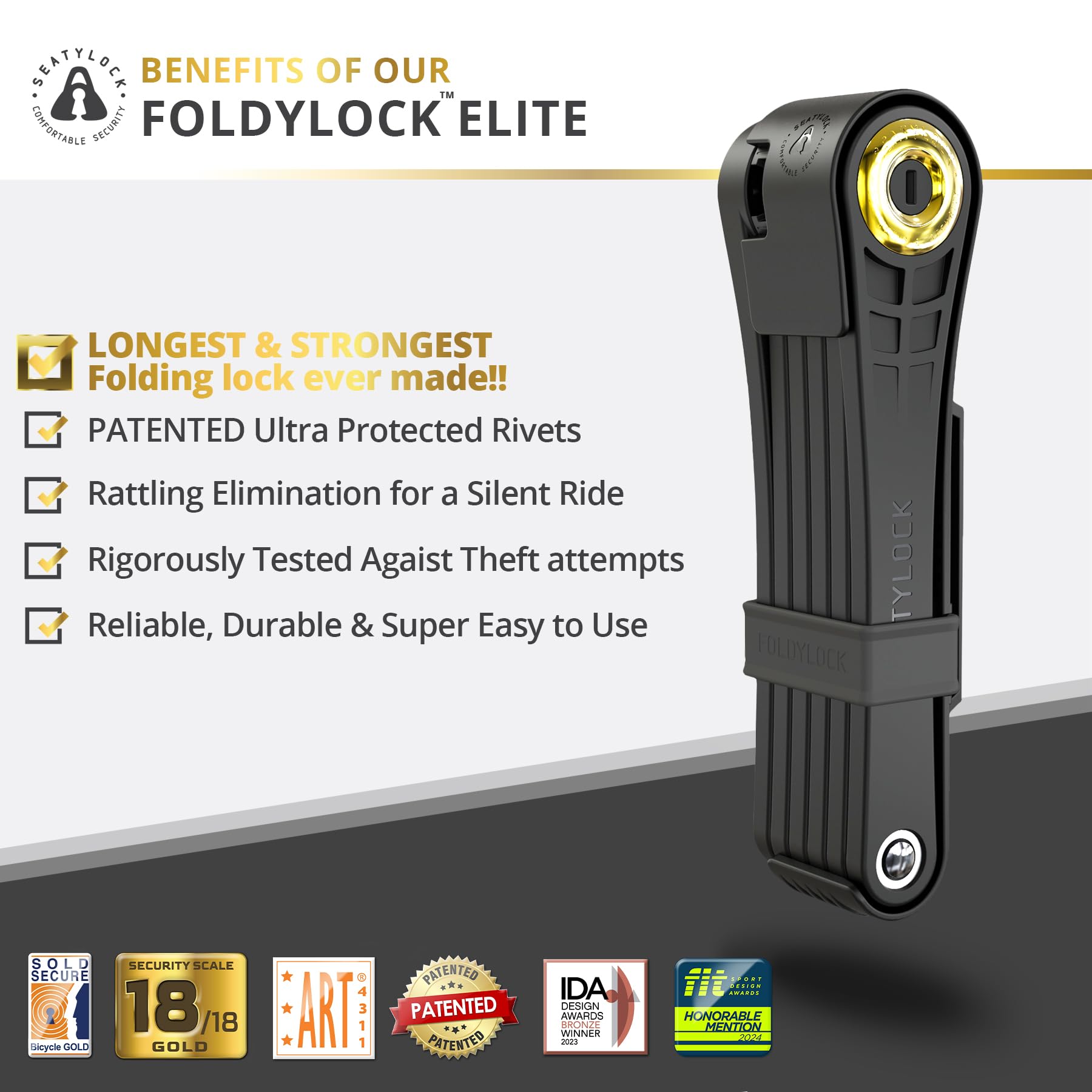 Seatylock FoldyLock Elite Folding Bike Lock - 18/18 High Security Sold Secure Gold Rated Bicycle Lock - Heavy Duty Anti-Theft with Keys & Mount Case - 43.3