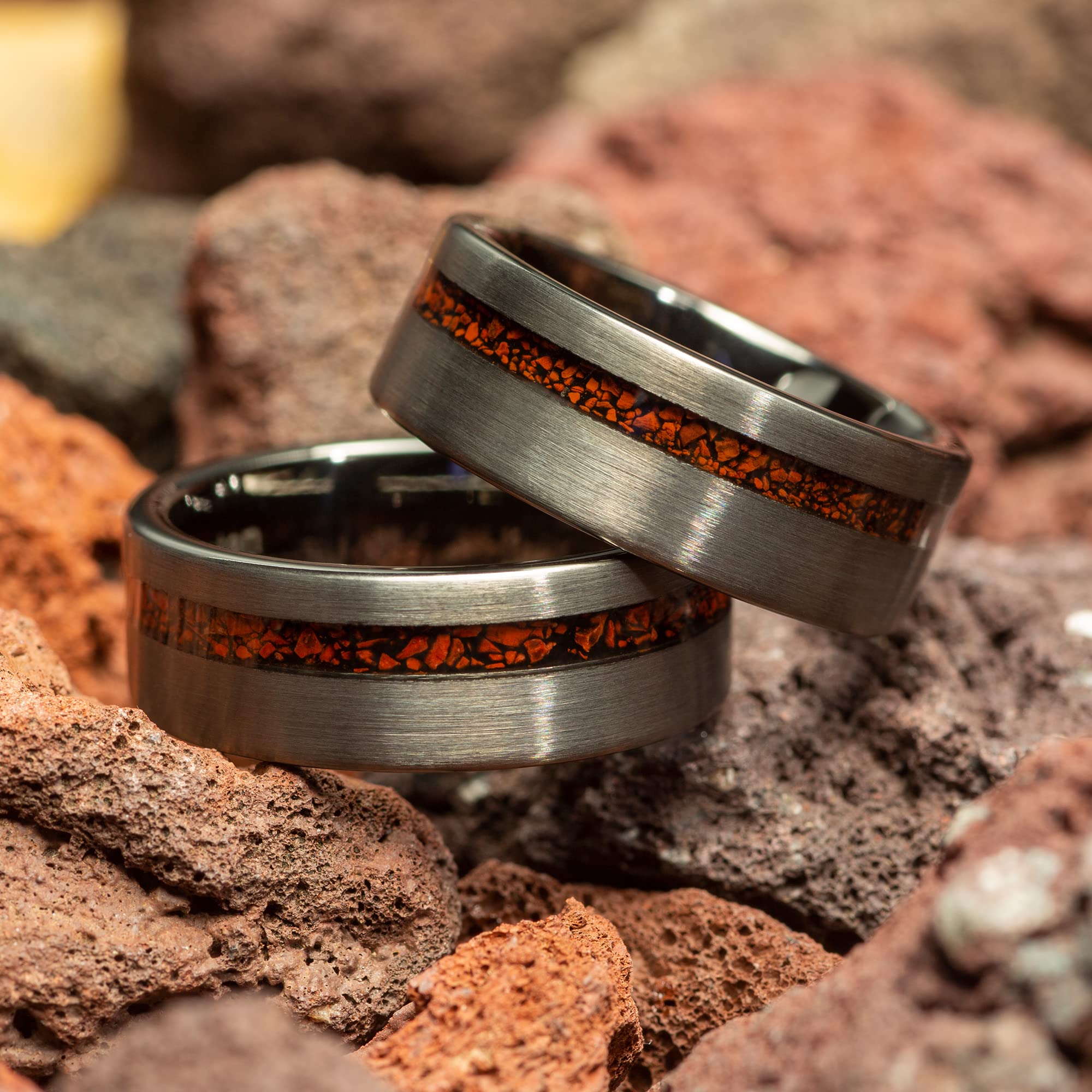 Dinosaur Bone & Meteorite Men's Wedding Ring - Brushed Gunmetal Tungsten Band, 8mm Comfort Fit - Unique Groomsmen, Anniversary & Gift Jewelry for Outdoor Enthusiasts