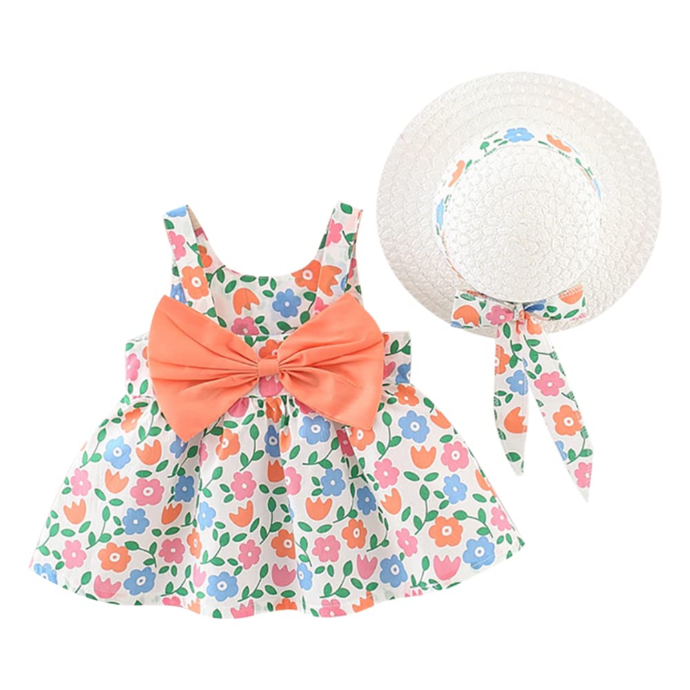 IDOPIP Baby Girl Tutu Dress - Sleeveless Backless Princess Party Dress with Flower Bow & Straw Hat Set | Summer Birthday, Photo Shoot, Beach Outfit, Easter Dress