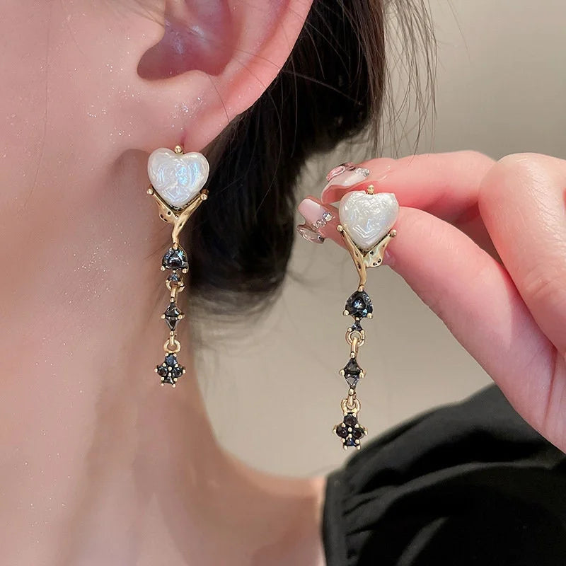 Luxury Black Heart Pearl Drop Earrings for Women - 925 Sterling Silver Dangle Earrings | Perfect for Weddings, Parties & Special Occasions | HE13351