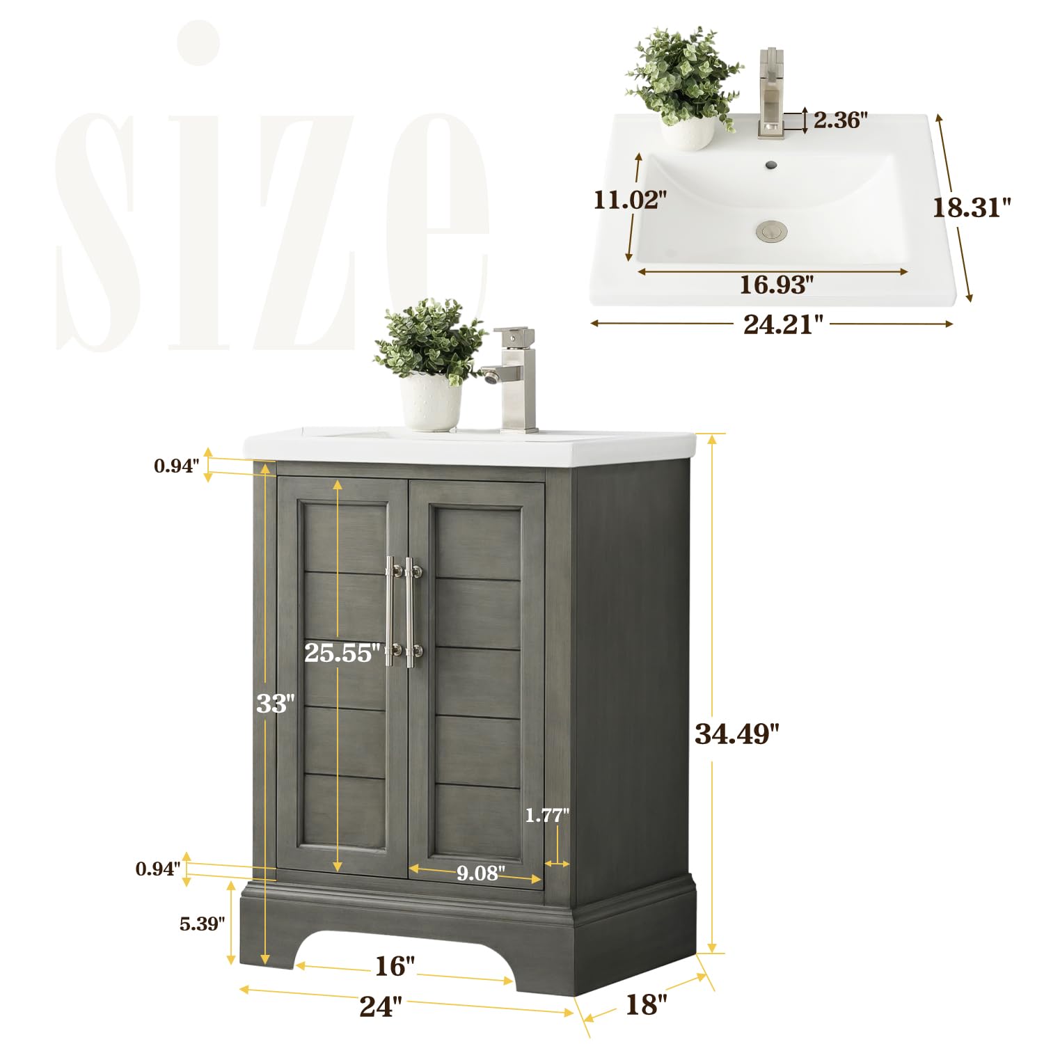 Vanity Art 24 Inch Single Sink Bathroom Vanity Set in Silver Grey - Modern Ceramic Undermount Sink with Soft Closing Doors | Space-Saving Cabinet for Small Bathrooms, Powder Rooms & Guest Baths (VA5024-SG)
