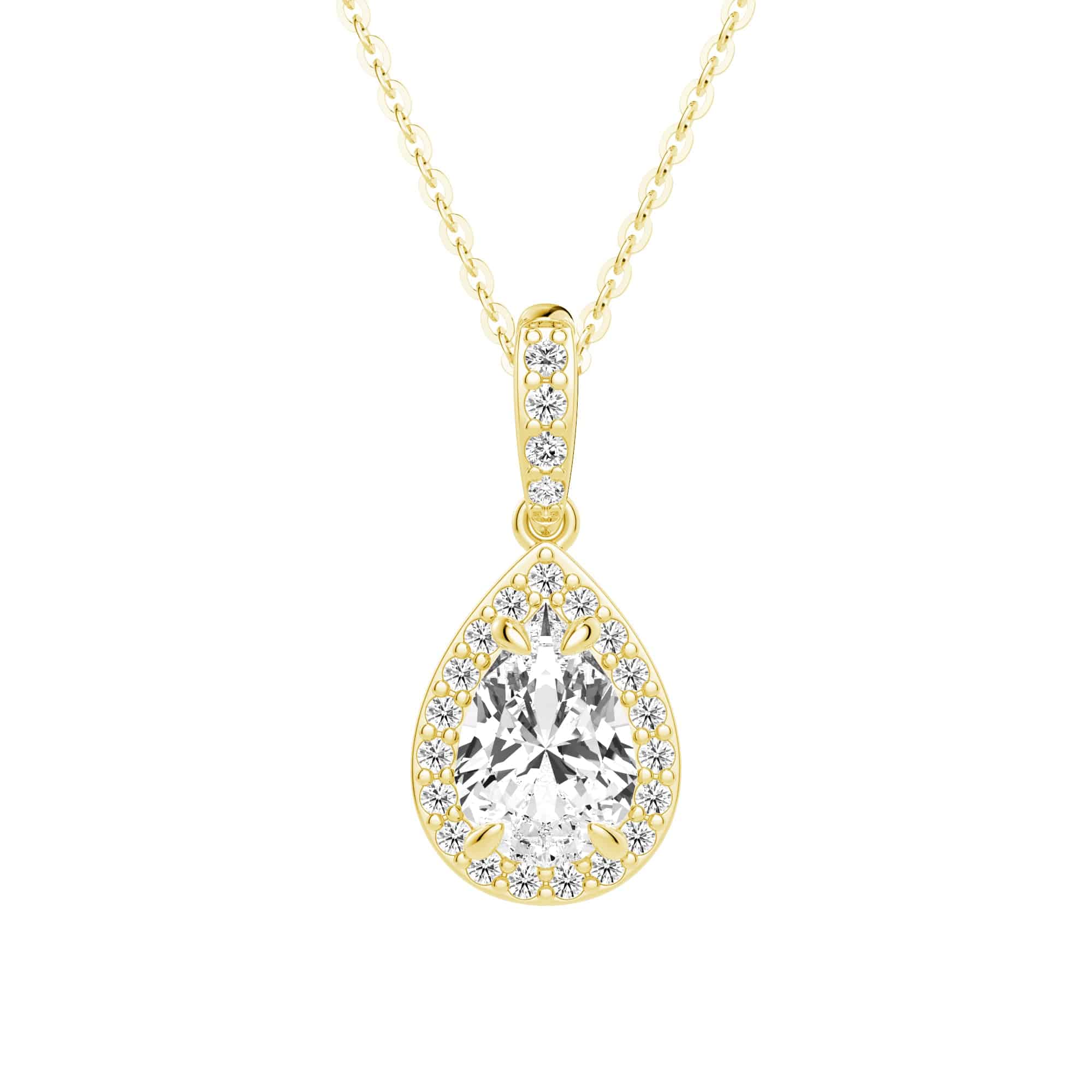 Elegant Pear-Shaped Halo Moissanite Pendant Necklace - 14K Gold Plated Jewelry for Women - Perfect for Weddings, Anniversaries & Special Occasions