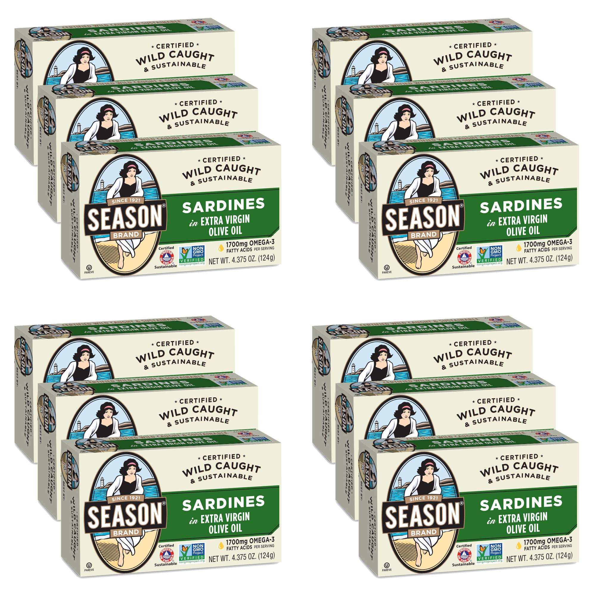 Premium Wild-Caught Sardines in Extra Virgin Olive Oil - High Protein (22g), Kosher, Rich in Omega-3 (More Than Tuna) - 4.37 Oz Cans, Pack of 12 - Perfect for Salads, Pasta & Healthy Snacks