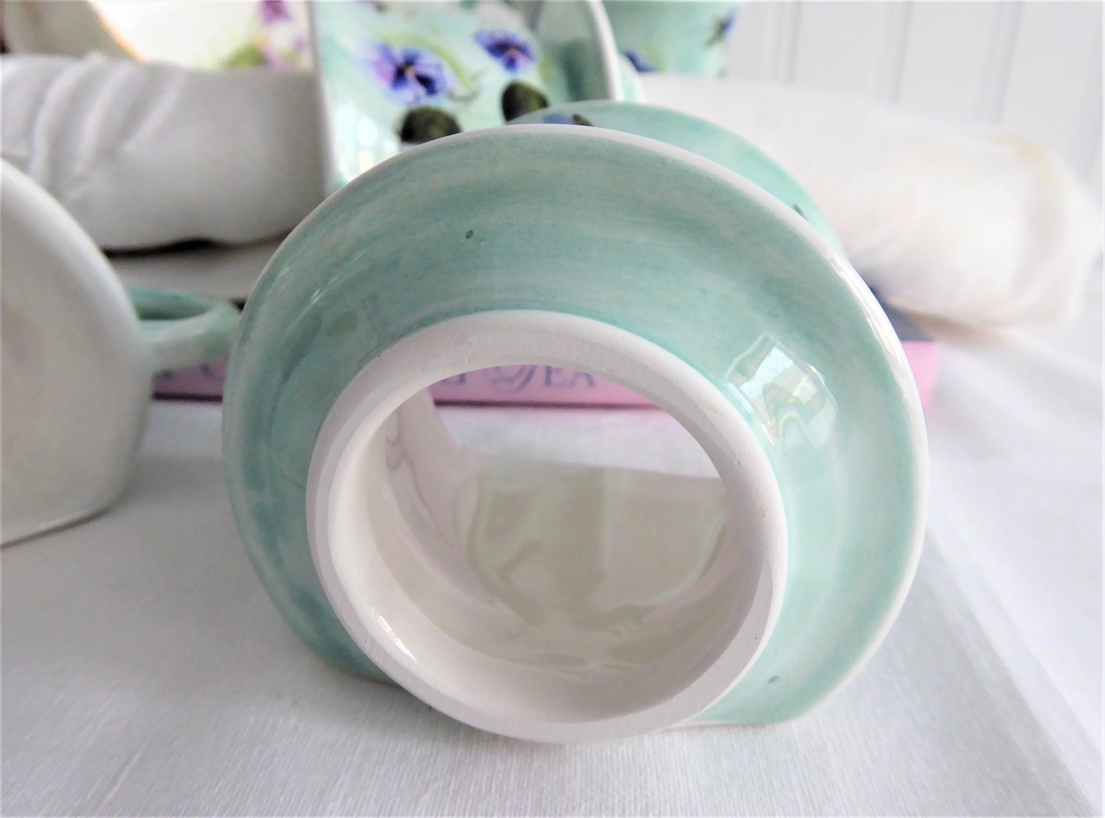 Handpainted Ceramic Teacup Napkin Rings Set of 4 - Violet Floral Design in Egg Blue & Purple - Perfect for Spring Tablescapes, Easter Decor, and Tea Party Table Settings