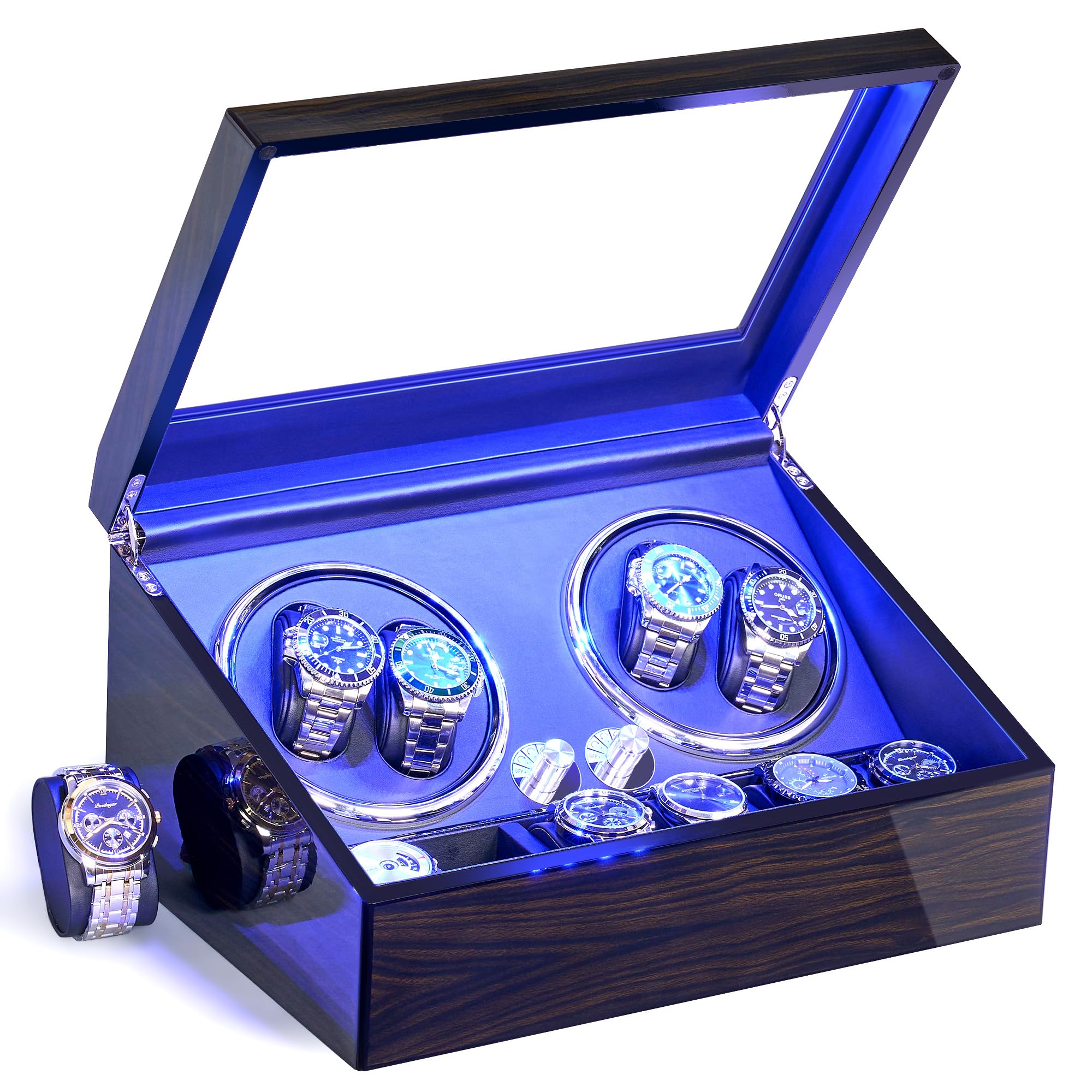 ANWBROAD Watch Winder for Automatic Watches - Super Quiet Mabuchi Motor, 4 Watch Rotator with 6 Storage Slots, LED Backlight, 4 Rotation Modes, USB Powered - Perfect for Travel, Office & Home Display
