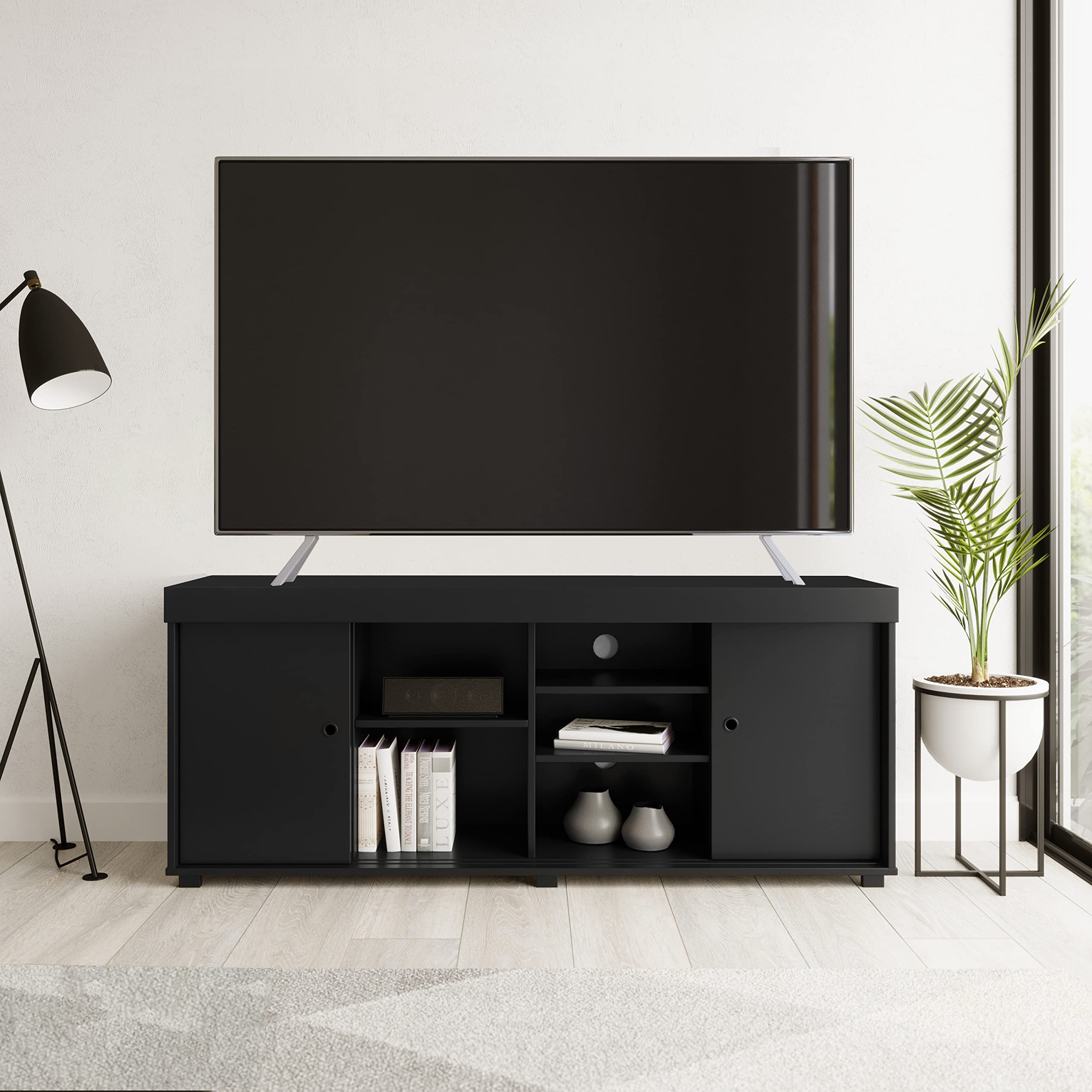 Techni Mobili TV Stand with Storage - Black Entertainment Center for Living Room, Bedroom & Home Theater - Modern Media Console with Shelves & Cabinets