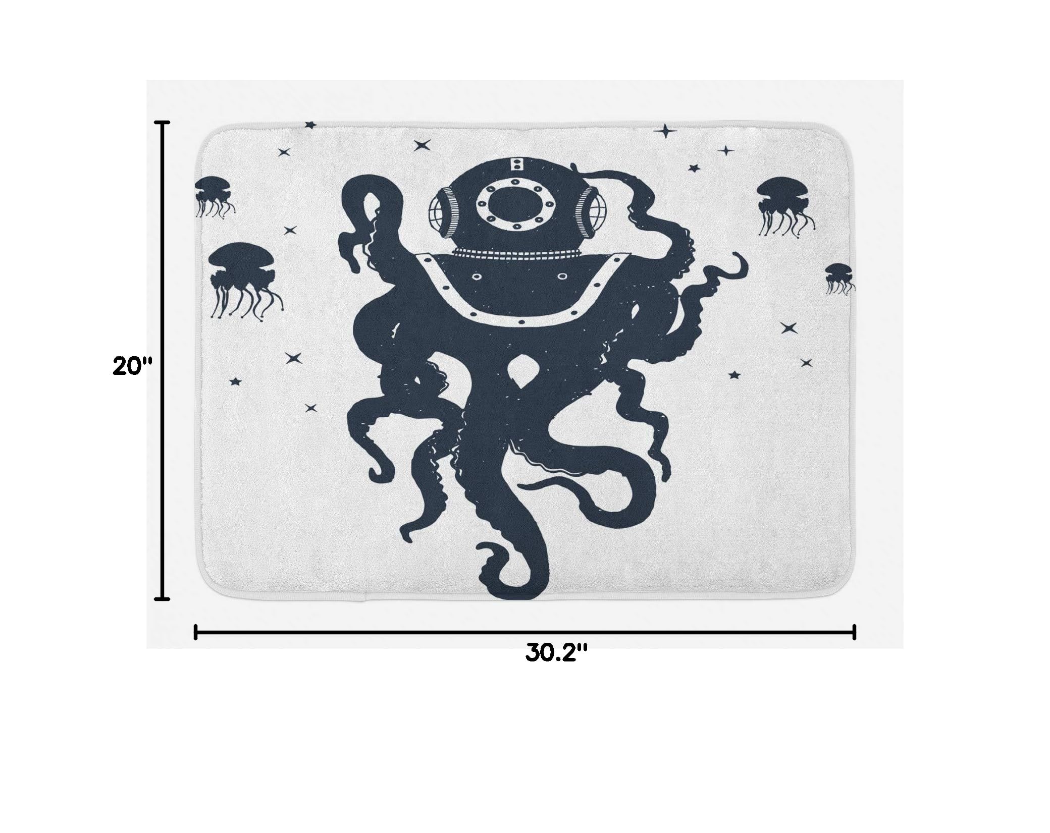 Ambesonne Vintage Nautical Tattoo Bath Mat - Octopus & Jellyfish in Astronaut Costume Design, Non-Slip Plush Bathroom Rug, 30.2x20 Inches, Dark Violet Blue White - Perfect for Coastal, Beach House or Nautical Theme Bathrooms