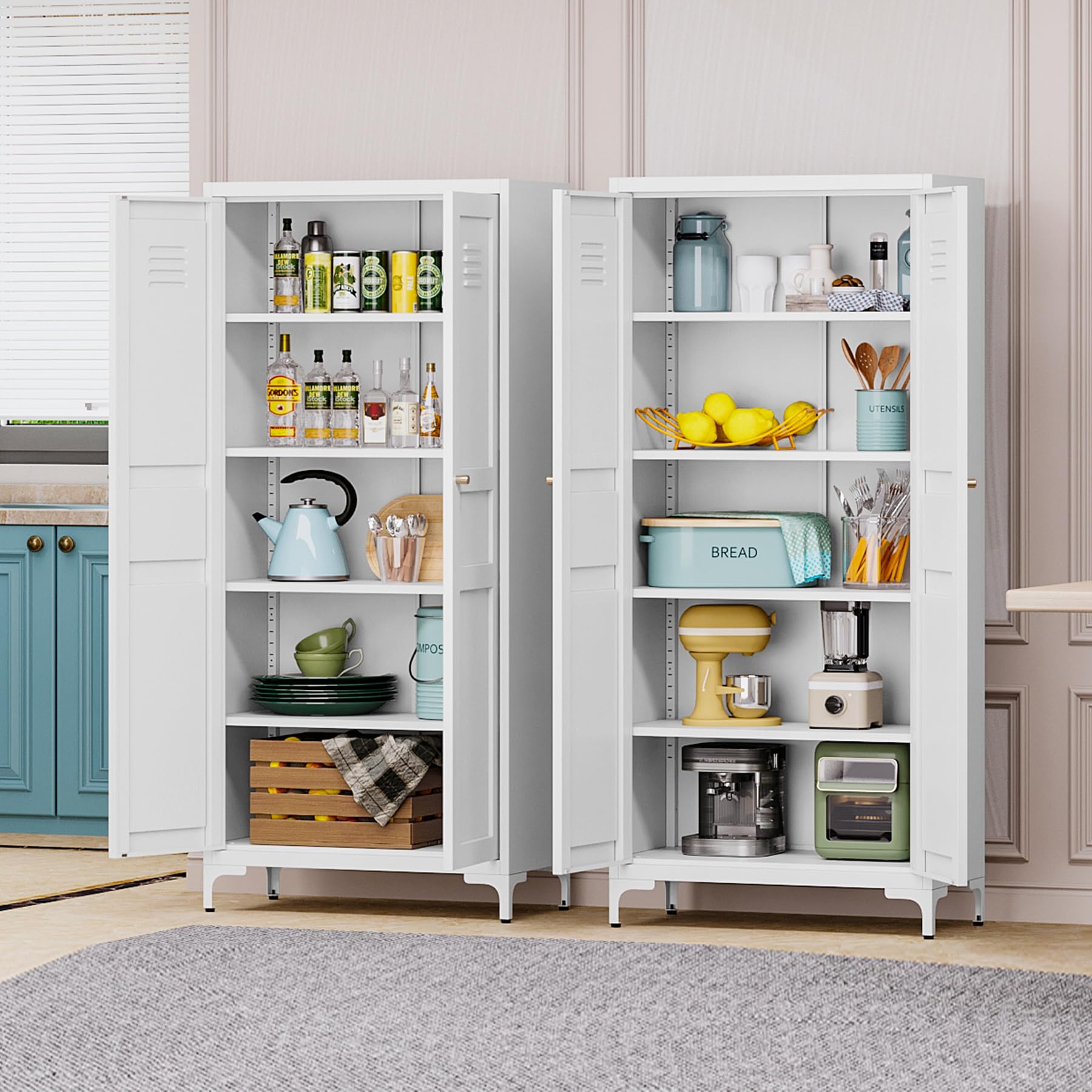 White 61-Inch Adjustable Metal Pantry Cabinet with Shelves & Feet - Kitchen, Living Room, Dining Room & Bathroom Storage Organizer for Home & Office Use
