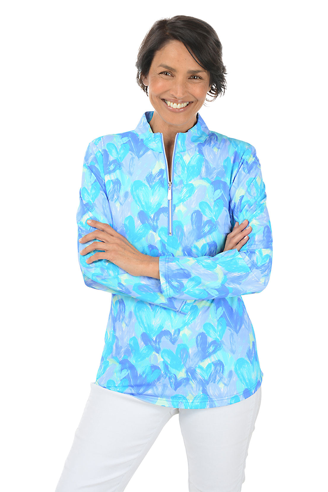 Brushstroke Hearts Cooling UPF50+ Mock Neck Top - Sun Protection Summer Shirt for Women, Perfect for Beach, Pool & Outdoor Activities