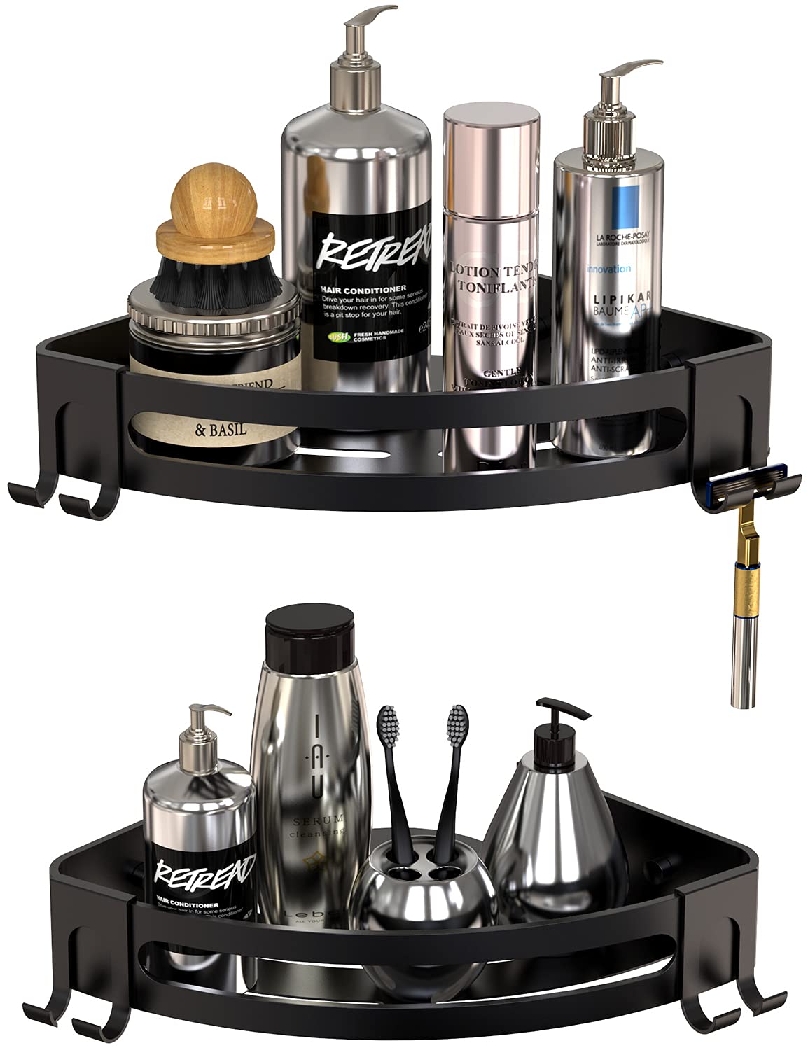 GeekDigg 2 Pack No Drill Adhesive Shower Caddy - Rustproof Aluminum Wall Mounted Bathroom Shelf with Razor Holder | Space Saving Storage Organizer for Shower, Toilet, Kitchen & Dorm | Perfect for Small Bathrooms, Apartments and College Dorms