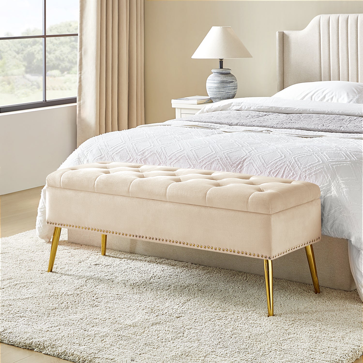 Lenore Upholstered Storage Bench with Cushion Seat - Modern Upholstered Ottoman for Bedroom, Living Room & Entryway - Multi-Functional Storage Furniture for Home Organization