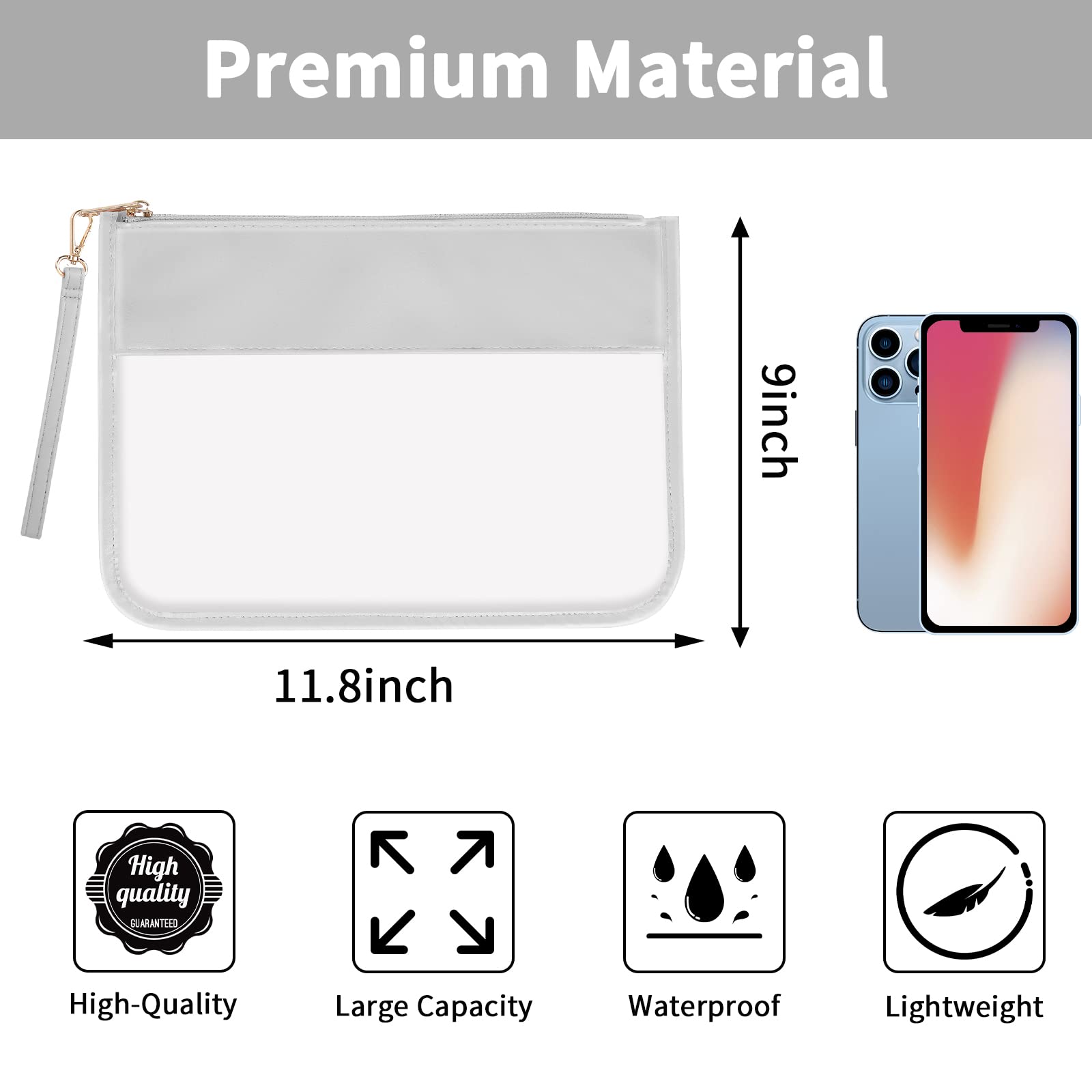 Iqimott Clear Zipper Pouch - DIY Transparent Makeup Cosmetic Bag for Women & Girls, Chenille Letter Travel Toiletry Organizer (Grey) | Perfect for Travel, School, Gym & Daily Essentials Storage
