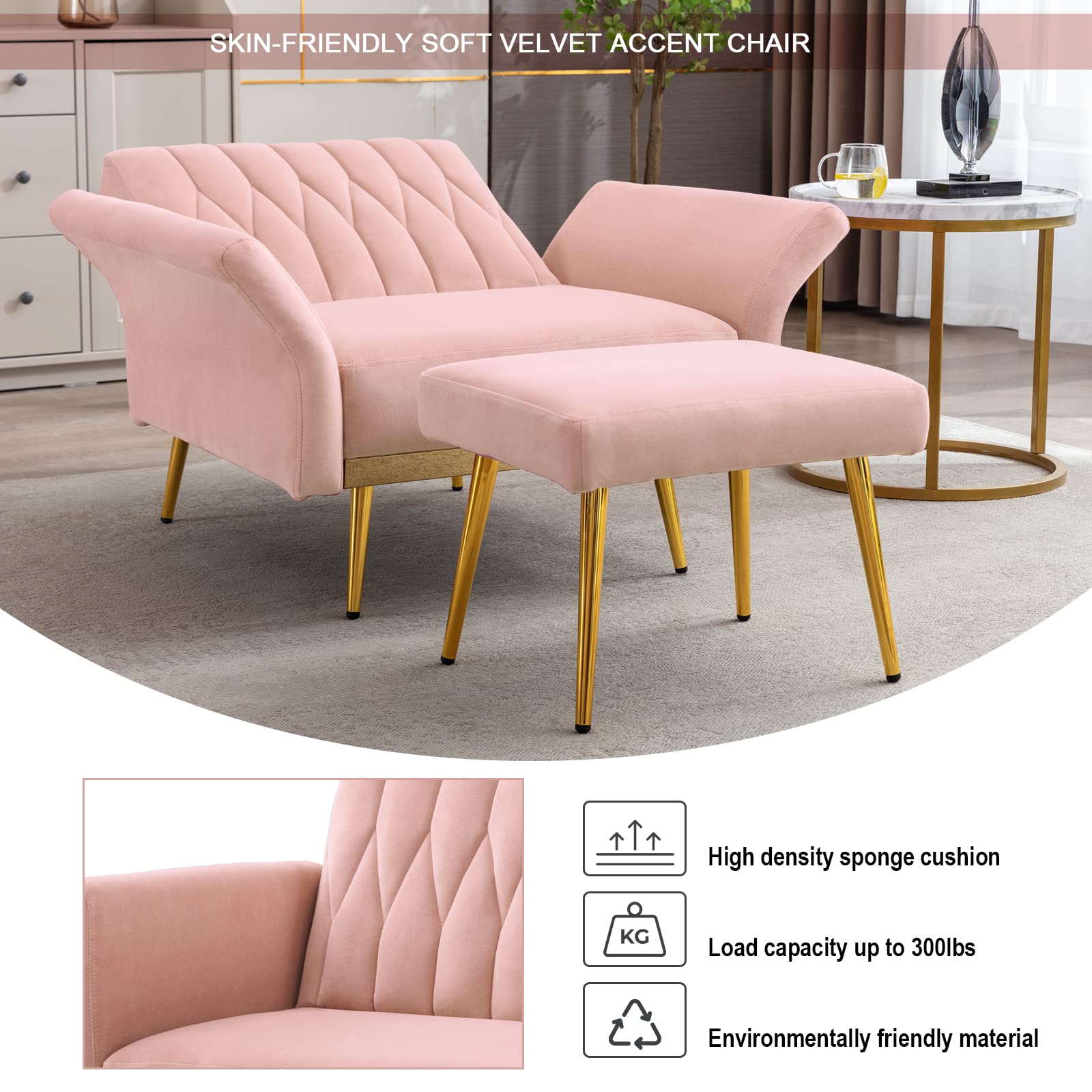 Velvet Tufted Lounge Chair with Ottoman - Adjustable Armrests for Living Room, Bedroom & Office (Pink)