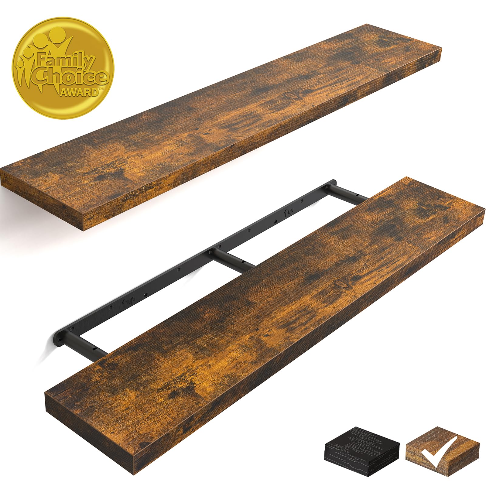 BAYKA 48 Inch Floating Shelves Set of 2 - Rustic Brown Wall Mounted Wooden Shelves for Home Decor, Books & Storage - Perfect for Bathroom, Bedroom, Living Room, Kitchen & Office Organization