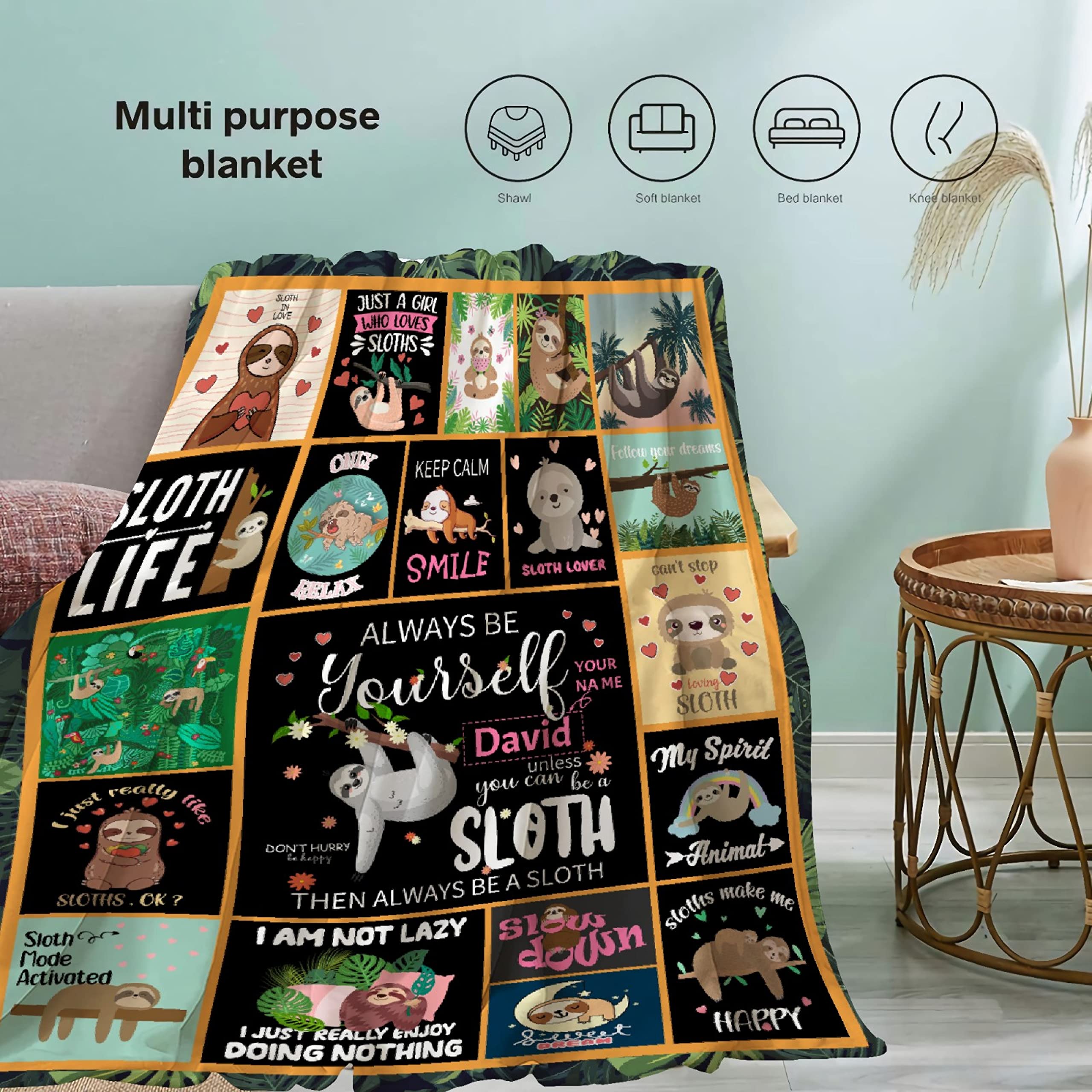 Custom Sloth Blanket with Name - Personalized Flannel Fleece Throw for Women & Adults - Soft Lightweight Giant Sloth Stuffed Animal Gift for Family - Perfect for Cozy Nights, Home Decor & Unique Birthday Presents
