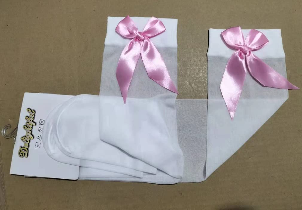 Elegant White Knee High Stockings with Pink Bow - Perfect for Cosplay, Lingerie & Fashion Outfits