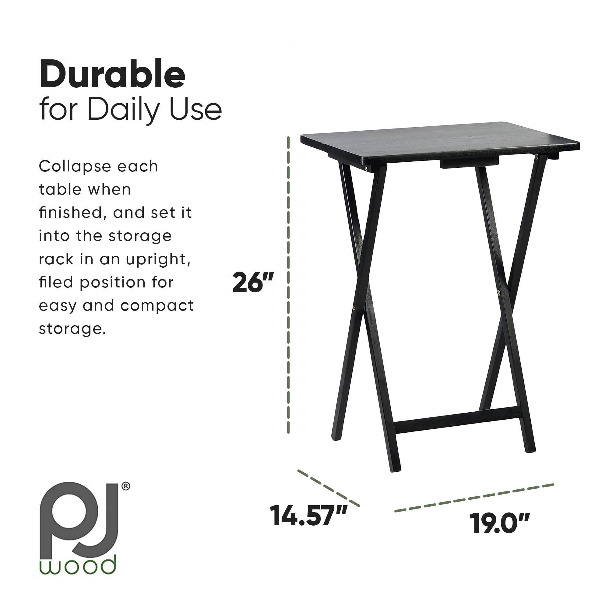 Solid Wood Folding TV Tray Table with Storage Rack - Portable Rectangle Snack Serving Tray for Sofa, Bed, Living Room - Black (Set of 7) - Perfect for Movie Nights, Breakfast in Bed & Home Entertainment