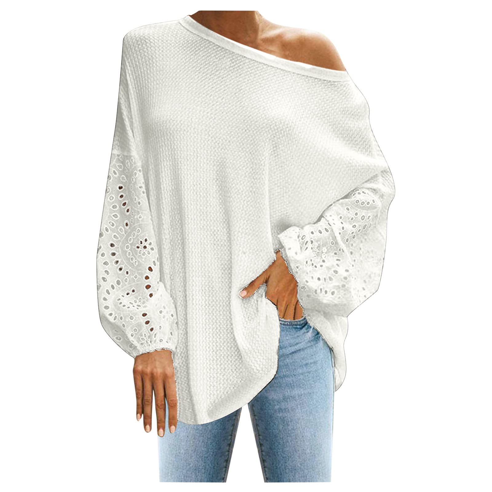 Off Shoulder Waffle Knit Long Sleeve Pullover Sweater - Lantern Sleeve Oversized Blouse for Women | Casual Fall Outfit, Date Night Top, Boho Chic Layering Piece