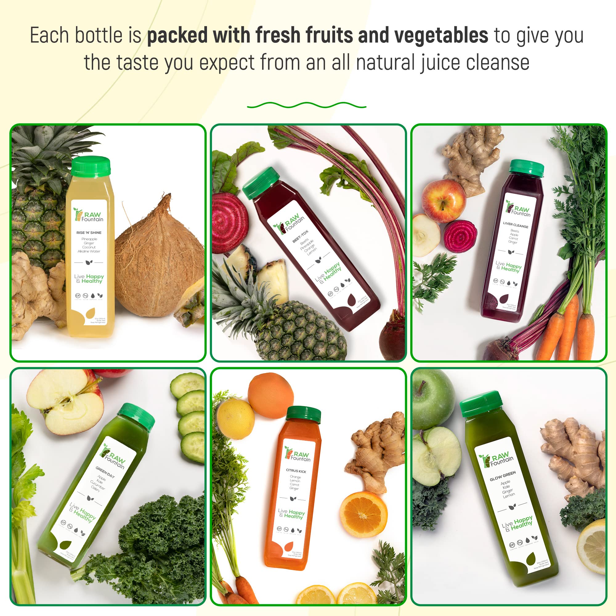 Raw Fountain 5-Day Juice Cleanse - All Natural Cold Pressed Detox Juice Fast with 30 Bottles (12oz) & 5 Ginger Shots for Body Reset & Healthy Diet | Perfect for Weight Loss, Post-Holiday Detox & Wellness Routine