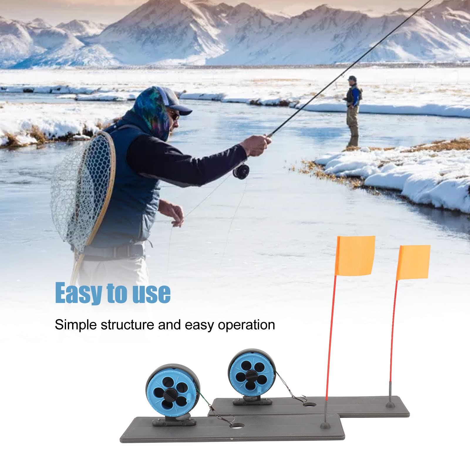 2Pcs Ice Fishing Tip Ups with Flags - Automatic Floating Portable Ice Fishing Rod Tackle for Winter Ice Fishing - Perfect for Ice Anglers, Lake Fishing, and Outdoor Winter Sports