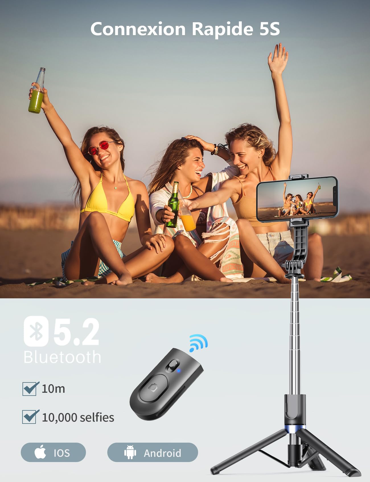 iPhone Selfie Stick with 2 LED Lights - 114cm Extendable Phone Tripod with Wireless Remote | Compatible with Smartphones & Action Cameras | Perfect for Travel, Vlogging & Group Photos