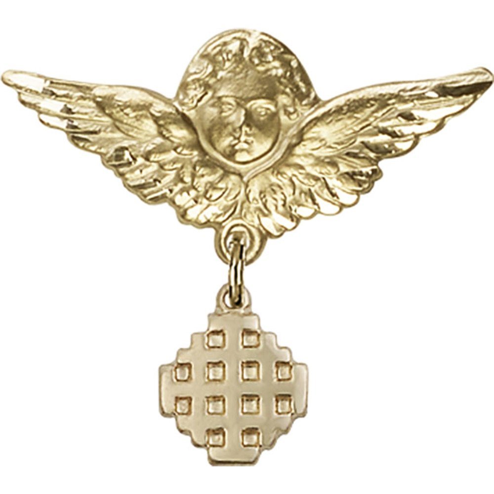 Gold Filled Baby Badge with Jerusalem Cross Charm & Angel Wing Pin - 1 x 1 1/8 Inch Religious Jewelry - Perfect for Christening Gifts, Baptism Keepsakes & First Communion Accessories