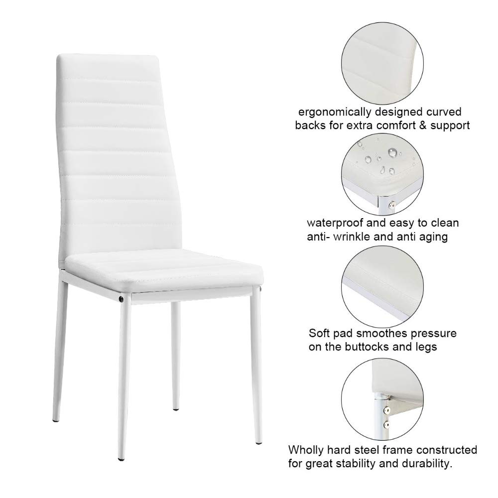 Ansley&HosHo 4-Piece Modern Faux Leather Dining Chairs Set - High Back Upholstered Kitchen & Living Room Chairs with Sturdy Metal Legs - White - Perfect for Dining Rooms, Kitchens, Lounges & Home Offices