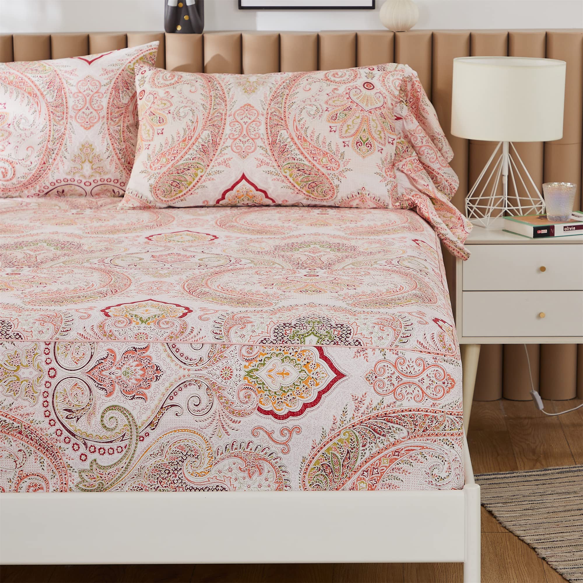 ABREEZE Pink Paisley Print 4-Piece Bed Sheet Set - 1000TC Egyptian Cotton Full Size Bohemian Bedding with Damask Medallion Design for Boho & Farmhouse Decor | Perfect for Guest Rooms, Master Bedrooms & Cozy Retreats