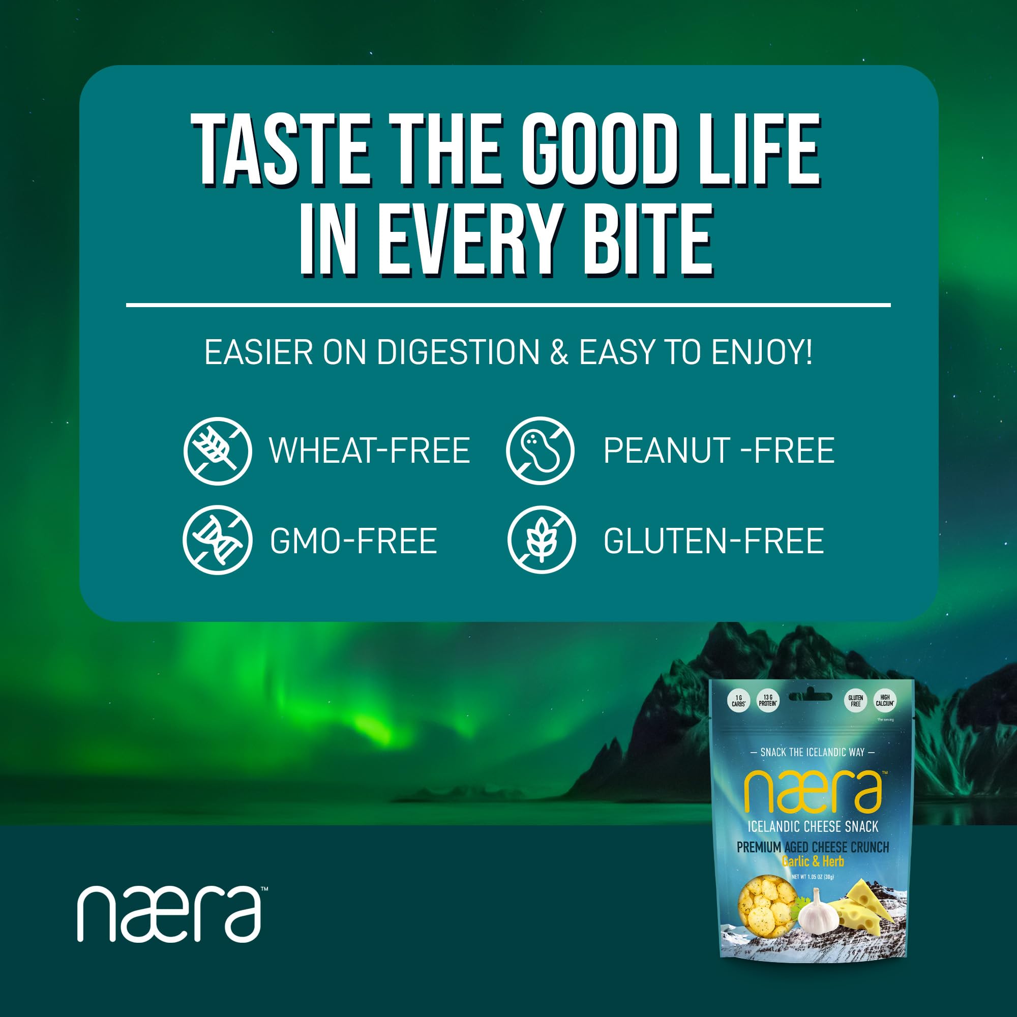 Næra Icelandic - Garlic & Herb Aged Cheese Crunch Protein Snacks | Keto Friendly, Gluten-Free, High Protein | All-Natural Snack for Adults & Kids (1.05 oz) | Perfect for On-the-Go, Lunchboxes & Low-Carb Diets