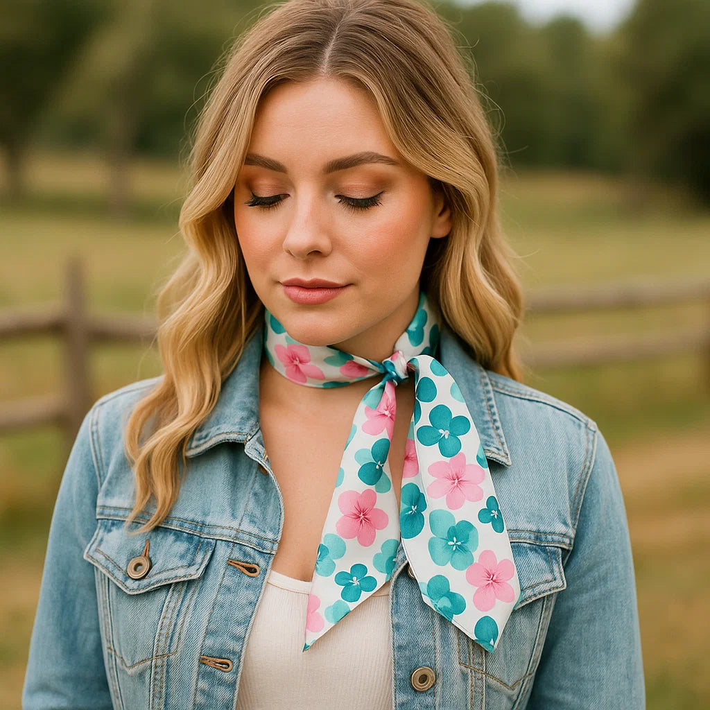 Pink and Teal Western Skinny Mini Wild Rag Scarf - Cowgirl Necktie for Women #TW145 | Perfect for Rodeo, Horseback Riding & Country Fashion