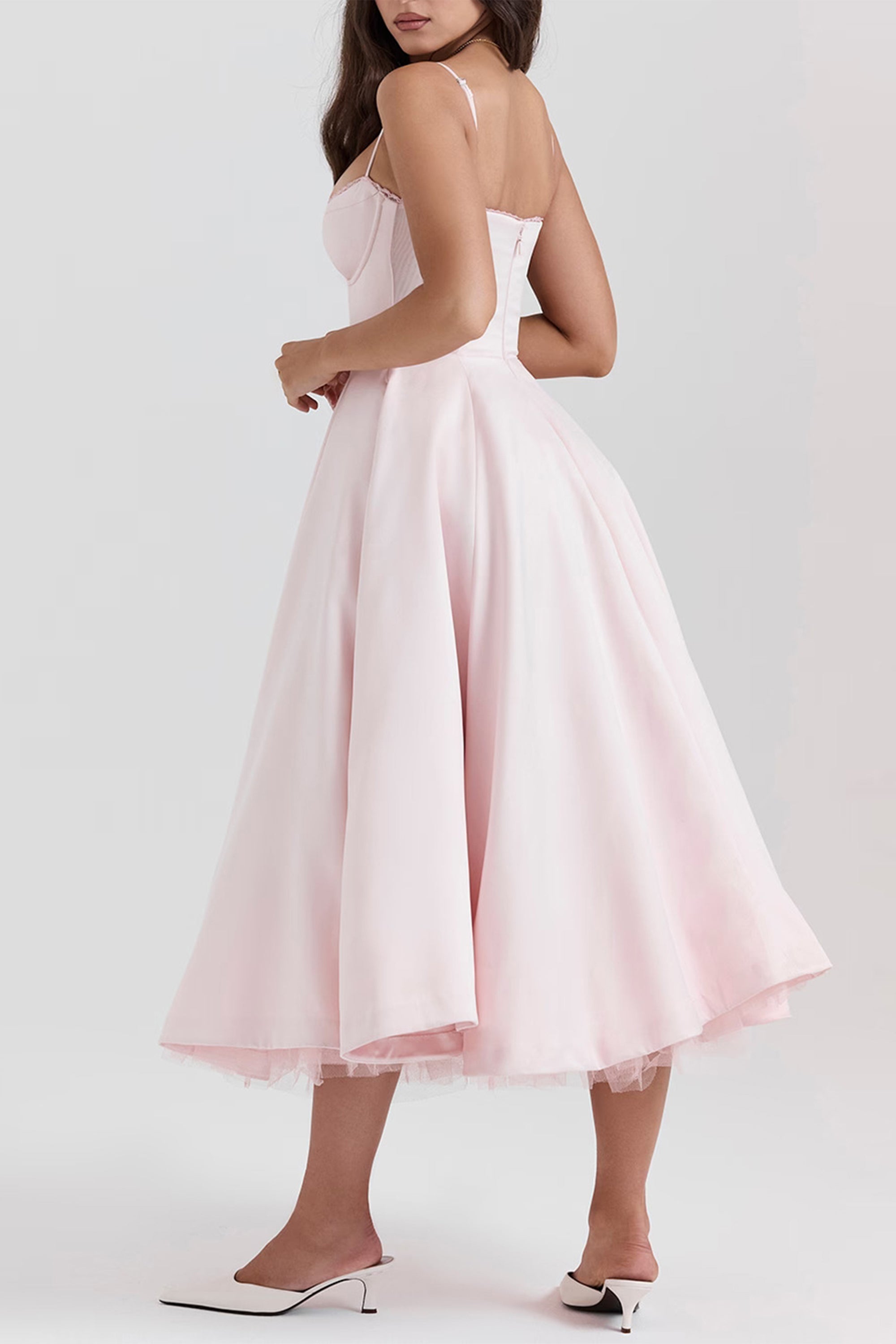 Analissa Pink Mesh Midi Dress - Elegant Flowy Party Dress for Women, Perfect for Weddings, Cocktails & Evening Events