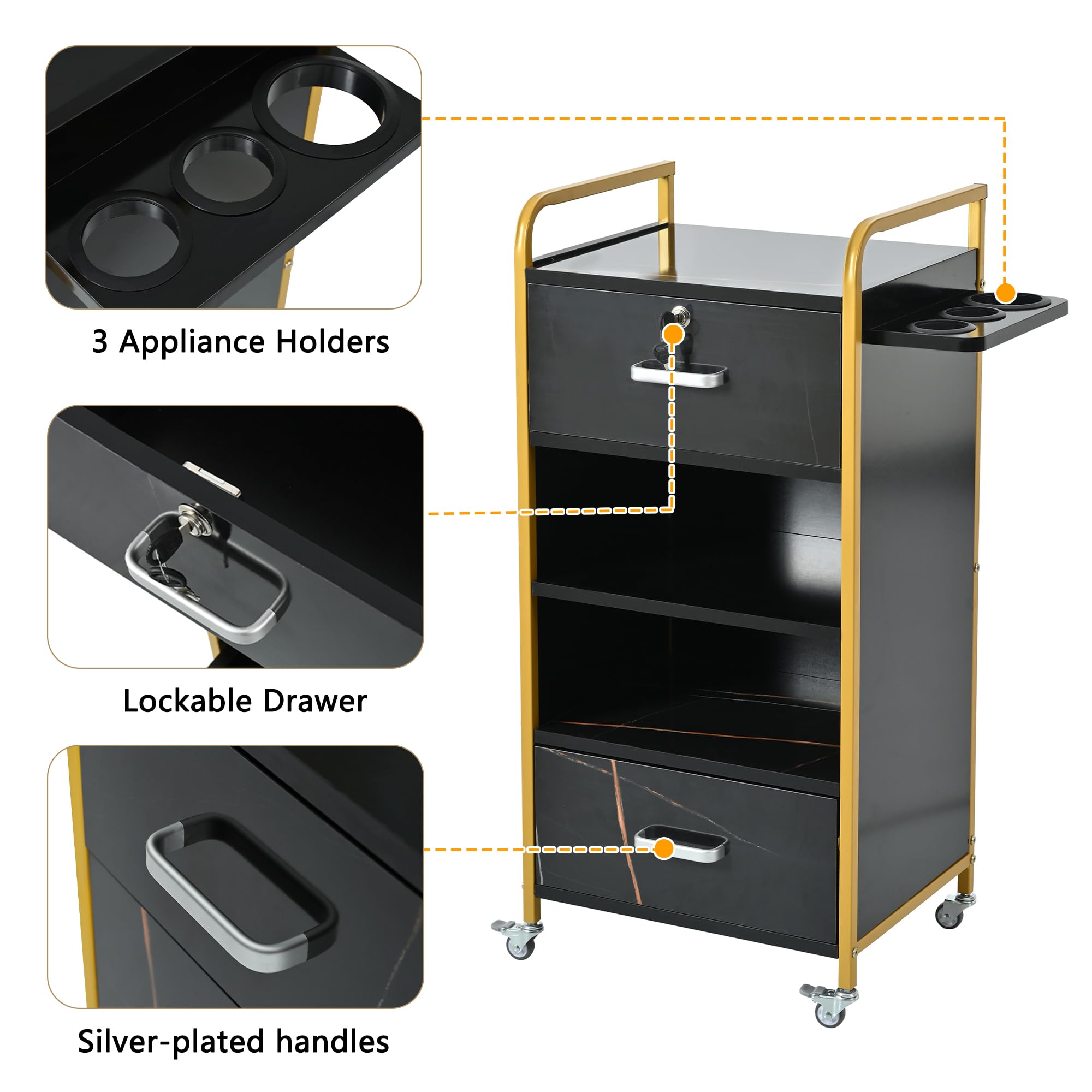 **Merax Lockable Salon Cart with Wheels & Drawer – 3 Hair Dryer Holder, Mobile Storage Cabinet for Hair Stylists – Perfect for Salon Stations, Beauty Equipment & Rolling Storage (Black) – Ideal for Salon Organization, Styling Tools & Professional Workspaces**