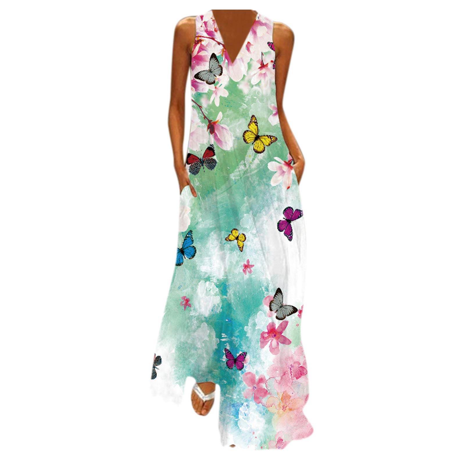 Bagelise Women's Floral Print Maxi Dress - Summer Casual Elegant Pleated Long Dress with Short Sleeves & Pockets - Perfect for Beach Vacations, Garden Parties & Date Nights (Green)